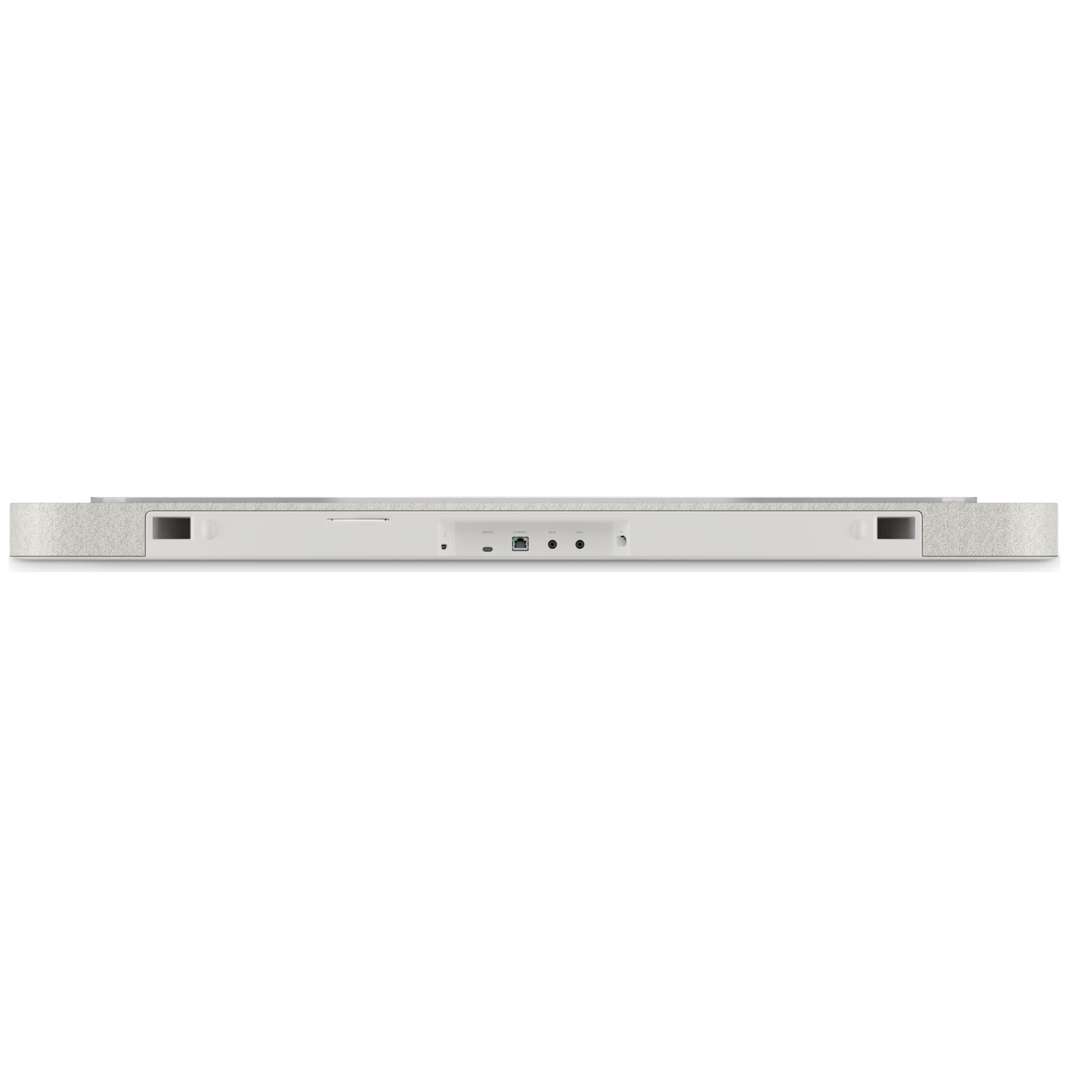Arrière d'une barre de son blanche montrant les ports : HDMI, Ethernet et prises audio.