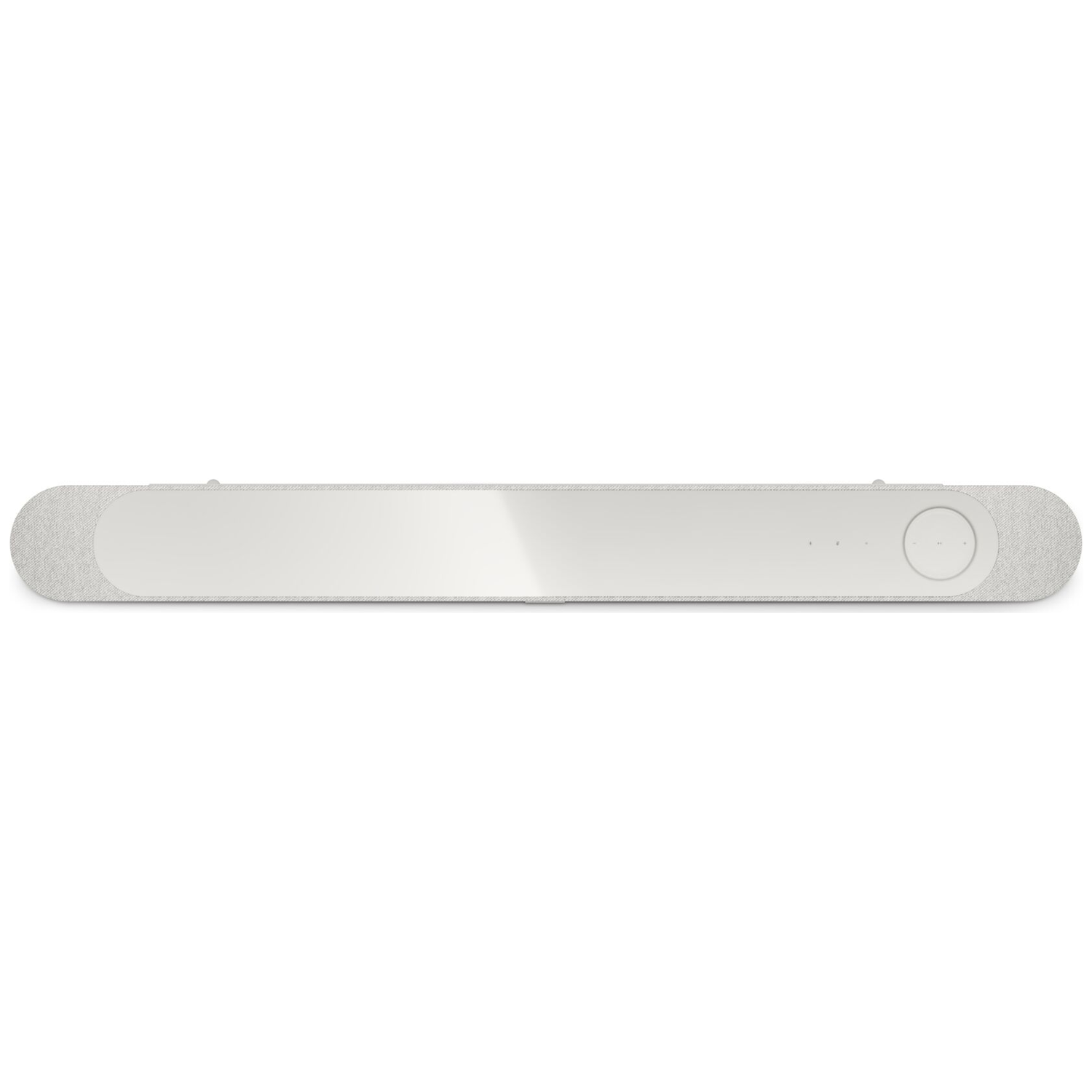 Barre de son blanche avec extrémités en tissu et commandes tactiles.