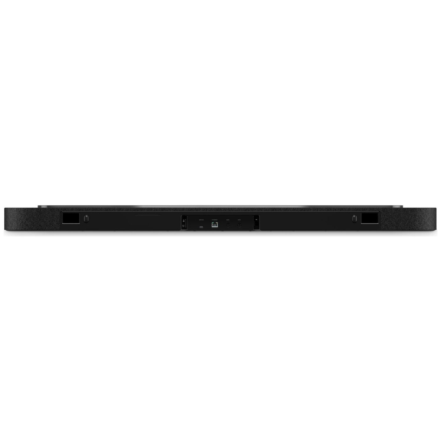 Barre de son noire avec ports HDMI et Ethernet.