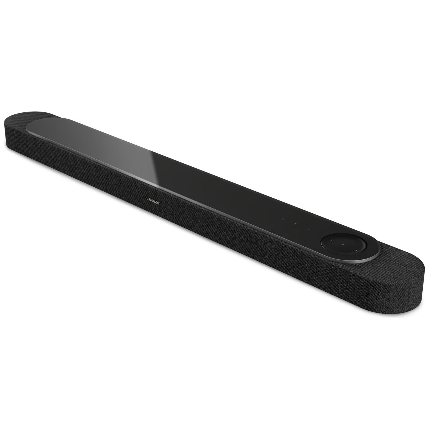 Barre de son Bose noire avec dessus en verre et boutons de commande.