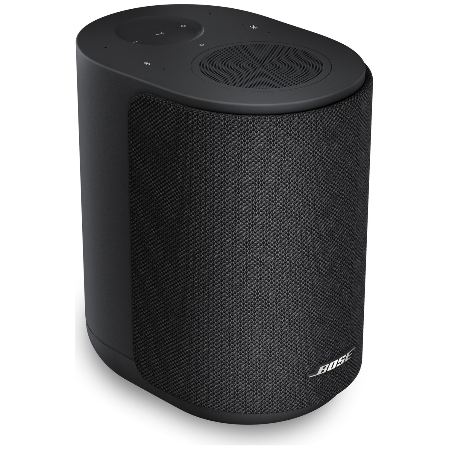 Black Bose speaker with controls and speaker grille on top.