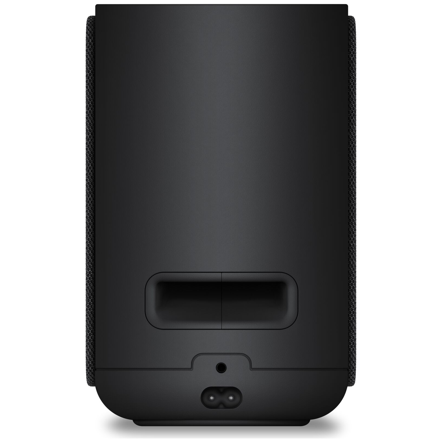 Black speaker with fabric sides and ports on the back.