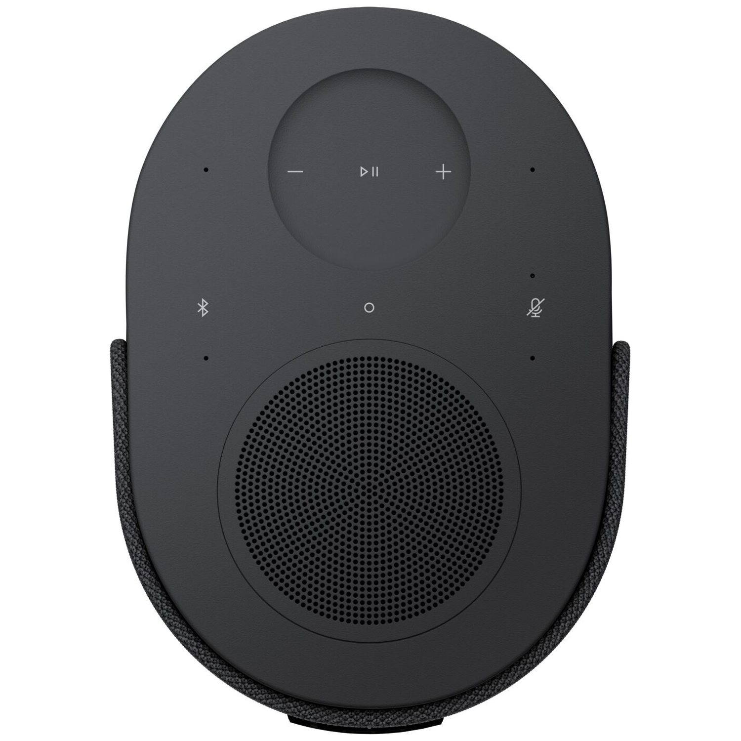 Black oval speaker with controls on top and speaker grille at the bottom.