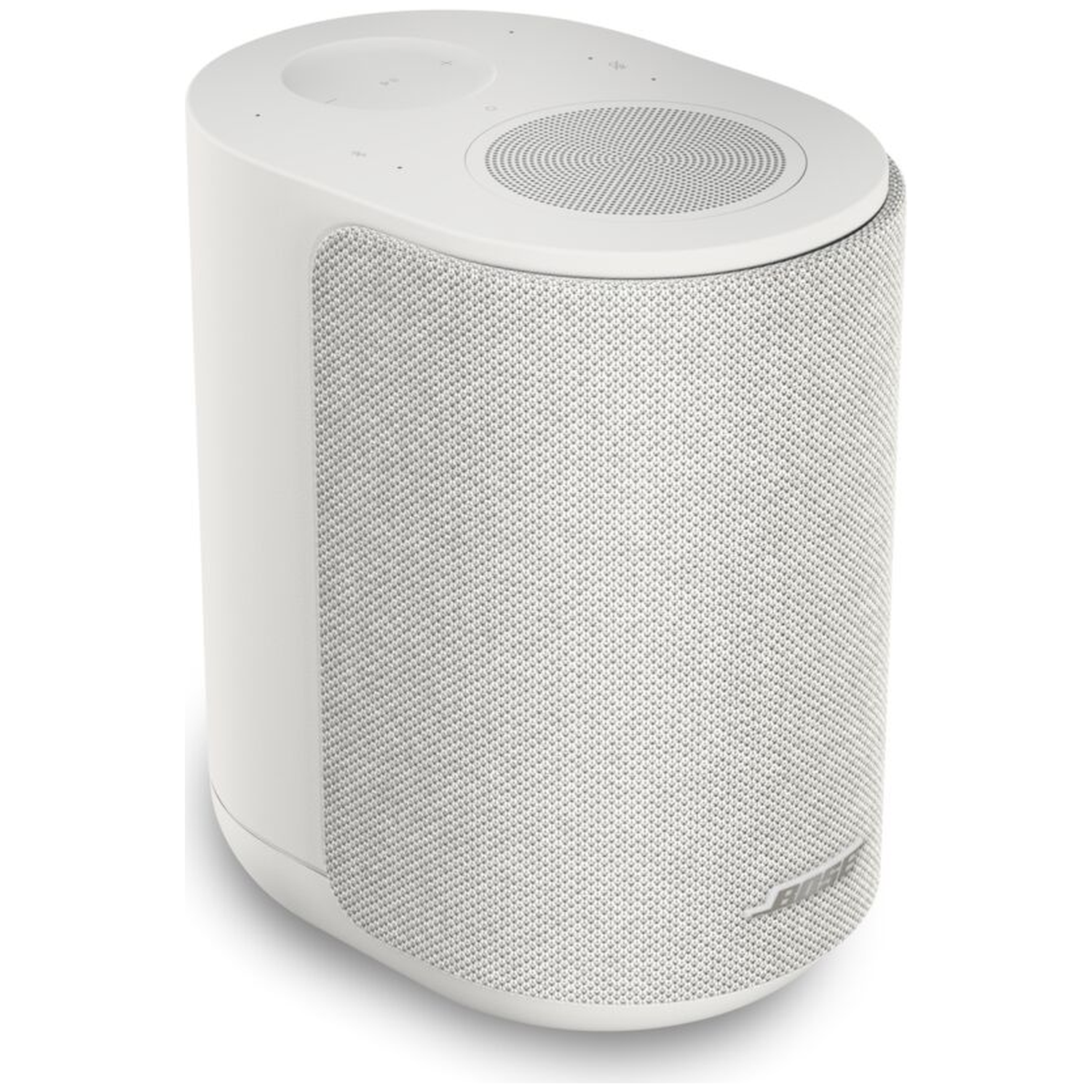 Een witte Bose speaker met stoffen grill en bedieningselementen bovenop.