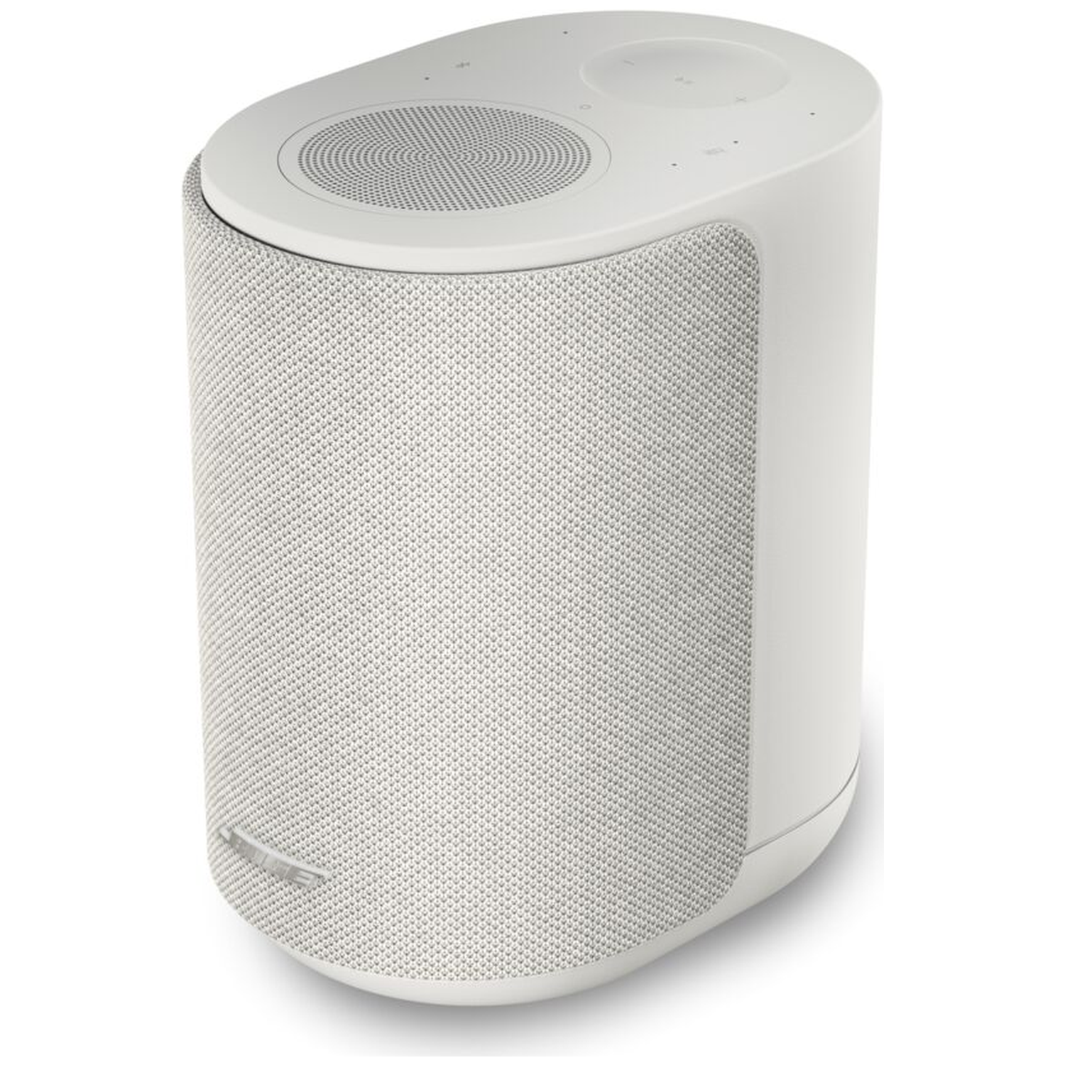 Een witte cilindrische luidspreker met stoffen grill en bedieningselementen bovenop.