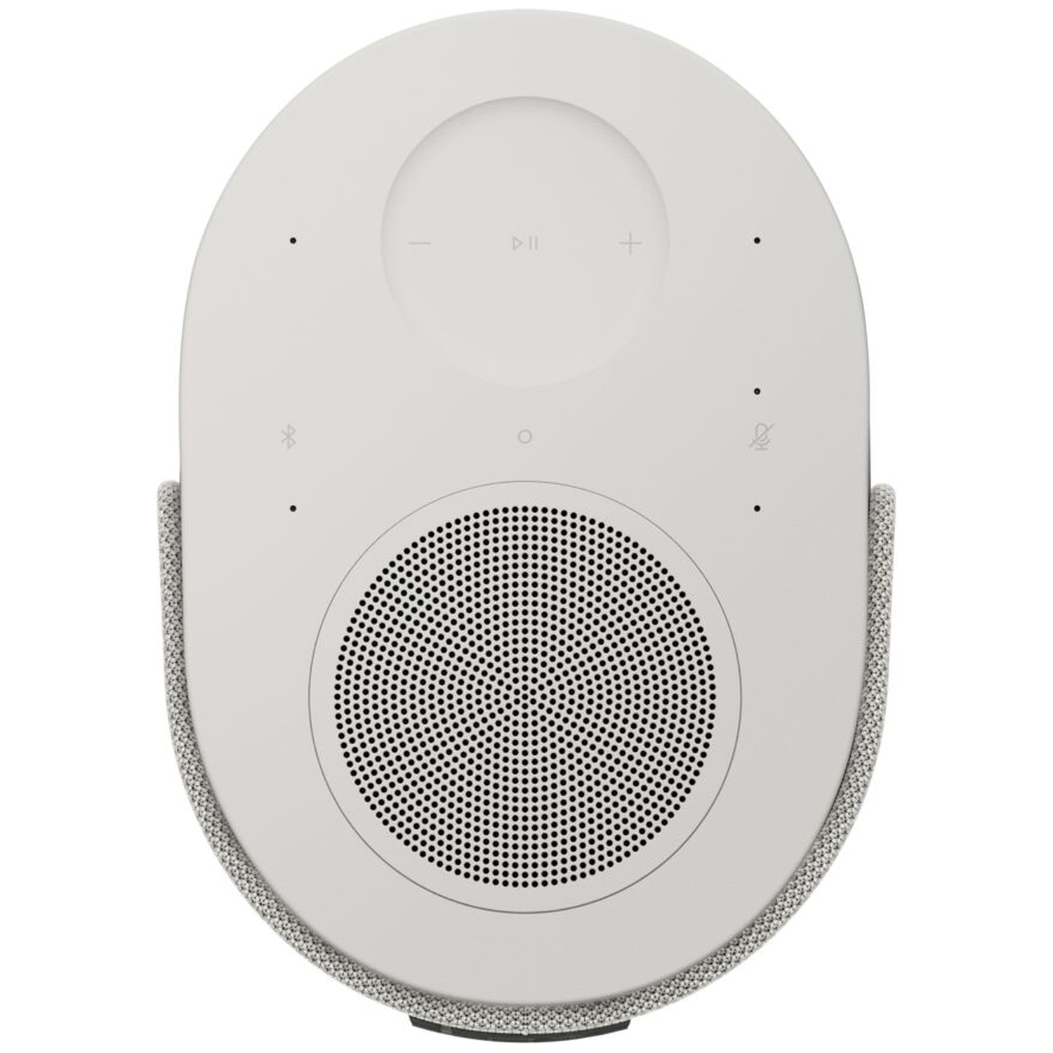 Witte ovale luidspreker met stoffen rand en bedieningspaneel.