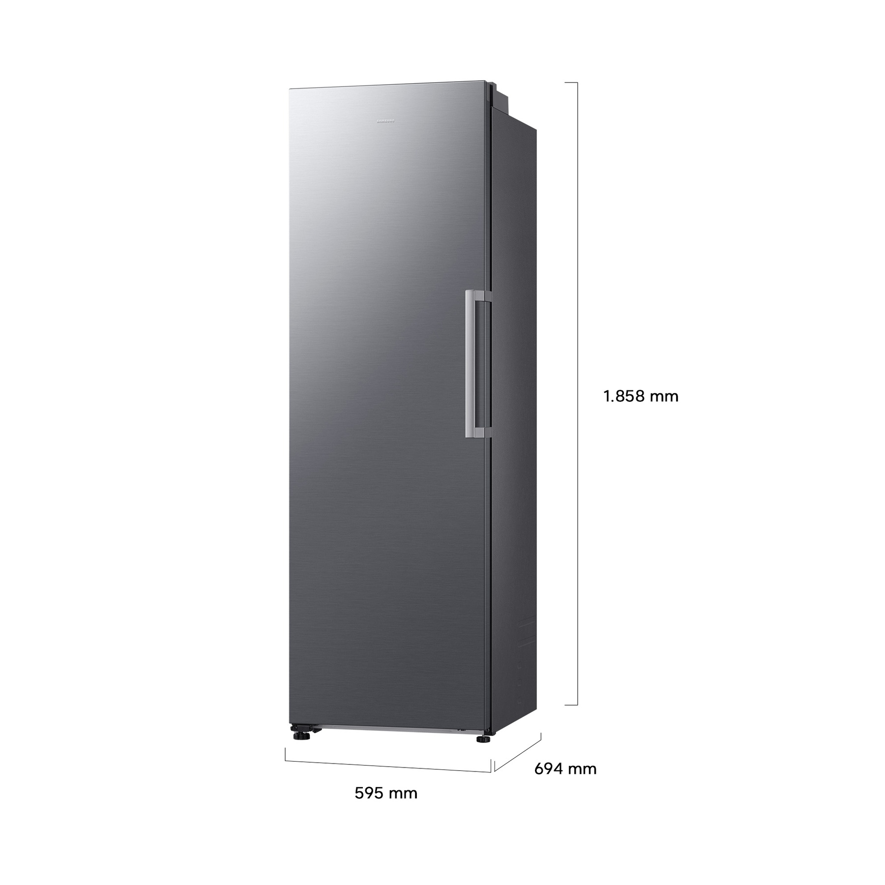 Un refrigerador alto, delgado y oscuro con asa plateada y dimensiones.