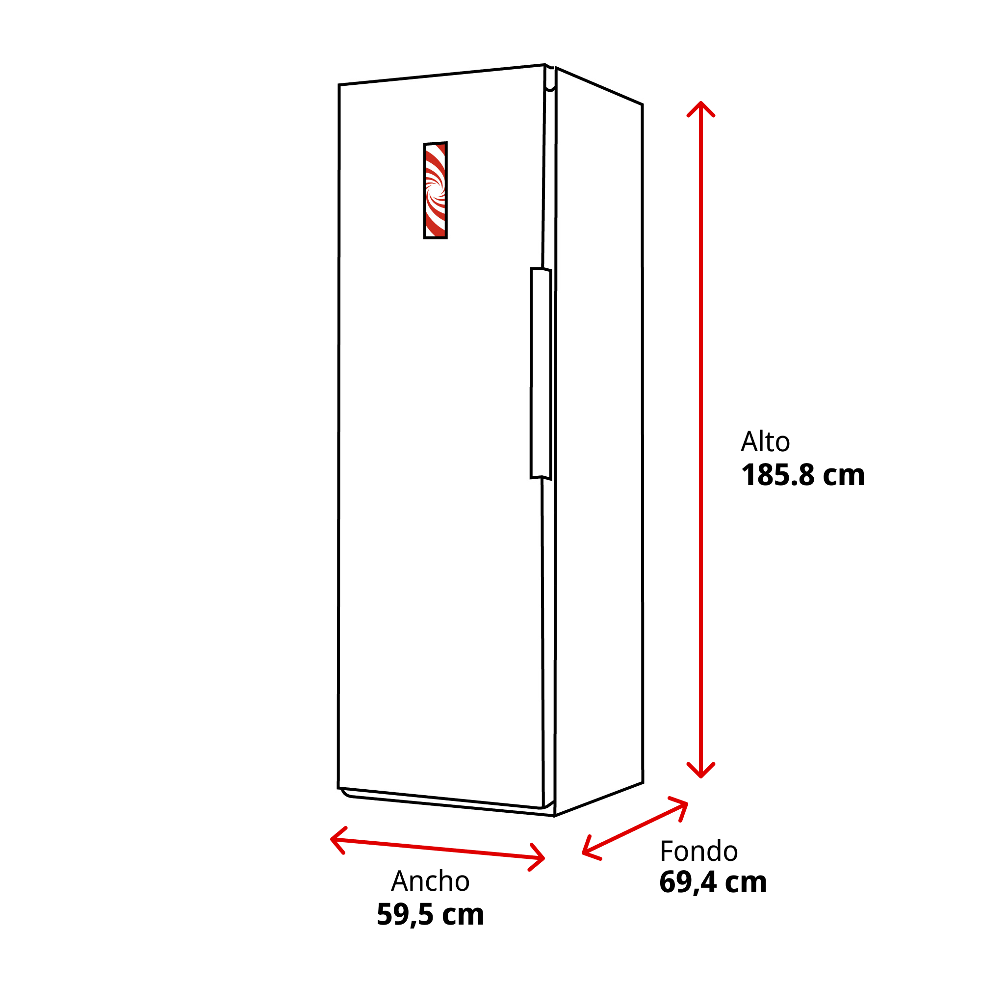 Un refrigerador con dimensiones: alto 185,8 cm, ancho 59,5 cm, fondo 69,4 cm.