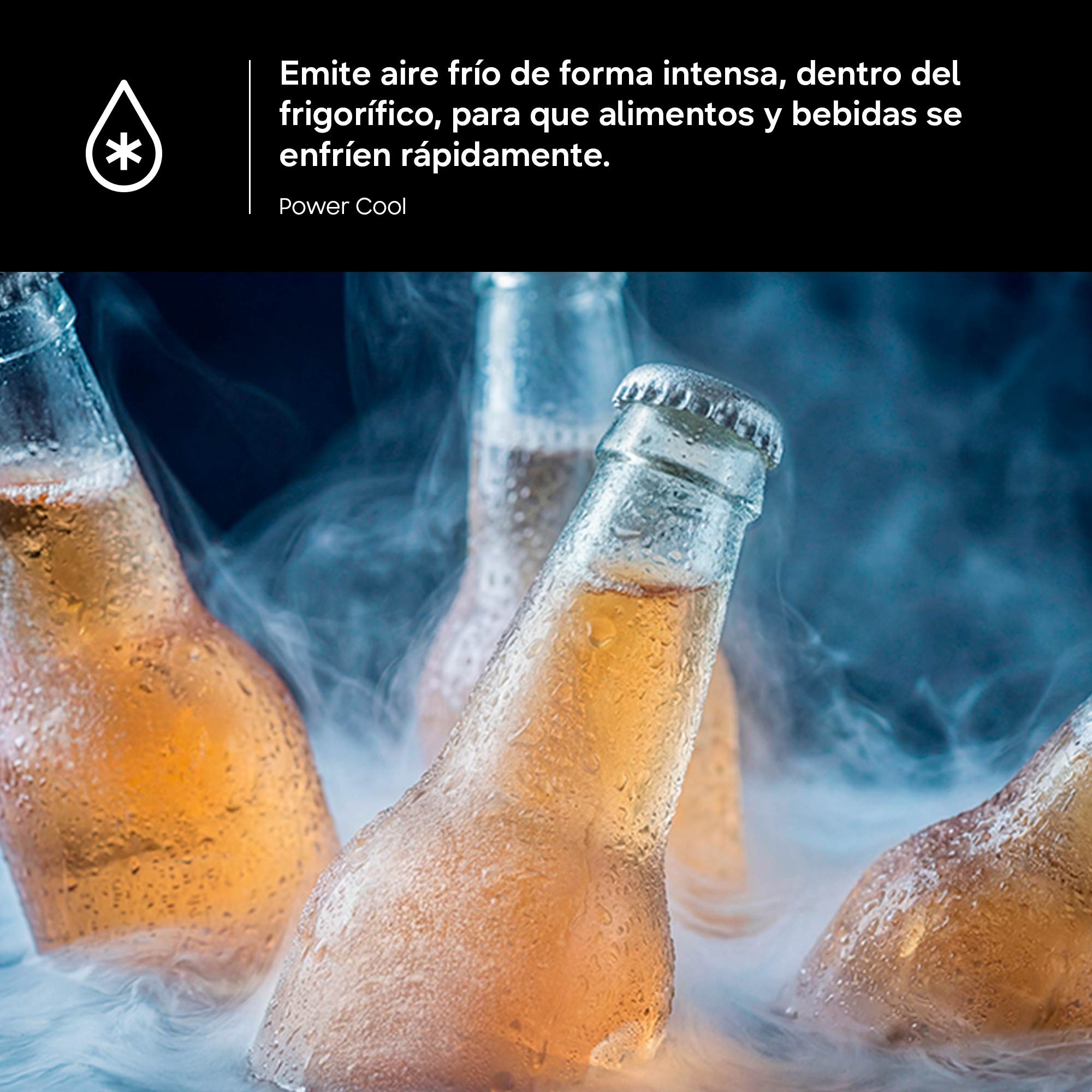 Emite aire frío de forma intensa, dentro del frigorífico, para que alimentos y bebidas se enfríen rápidamente. Power Cool
