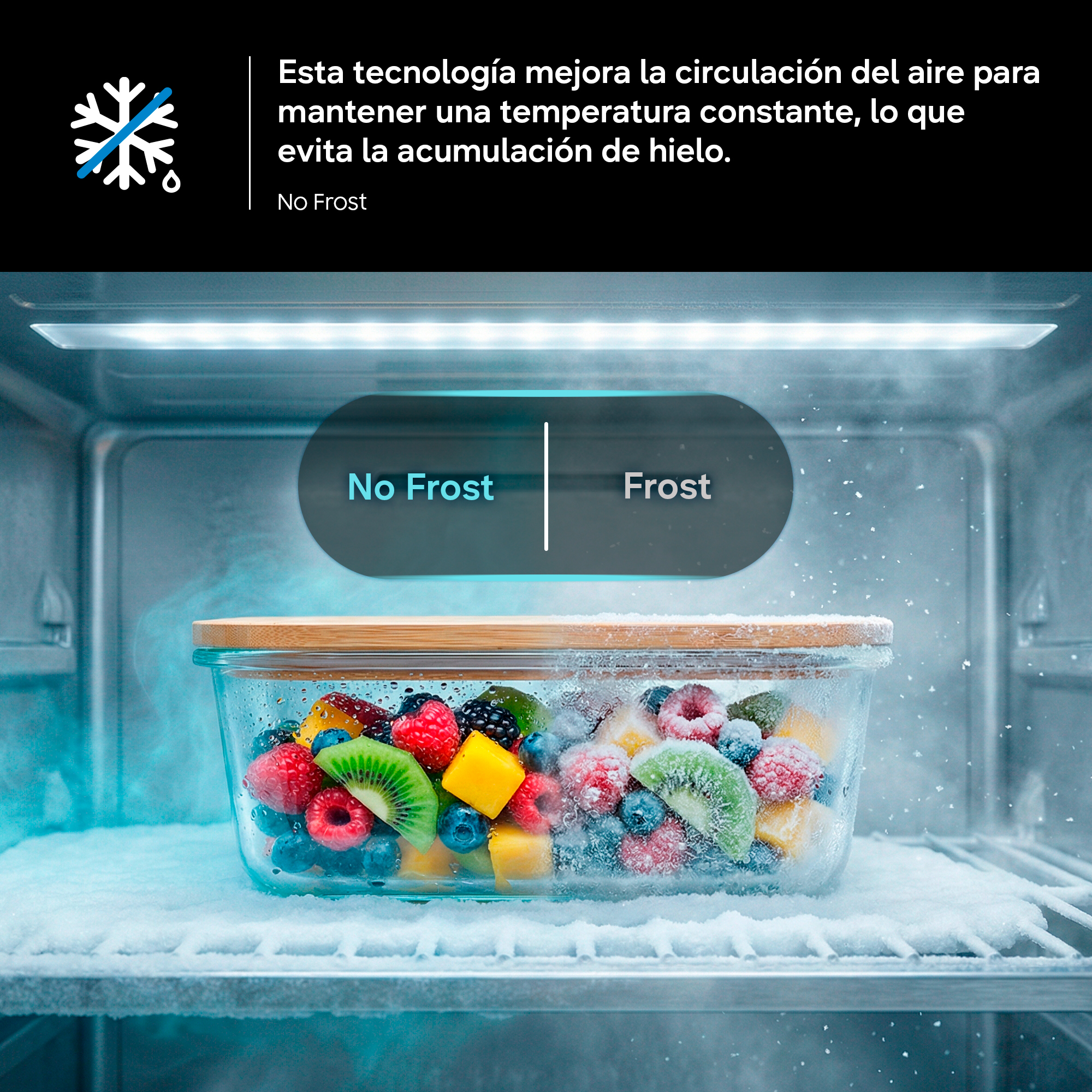 Esta tecnología mejora la circulación del aire para mantener una temperatura constante, lo que evita la acumulación de hielo. No Frost