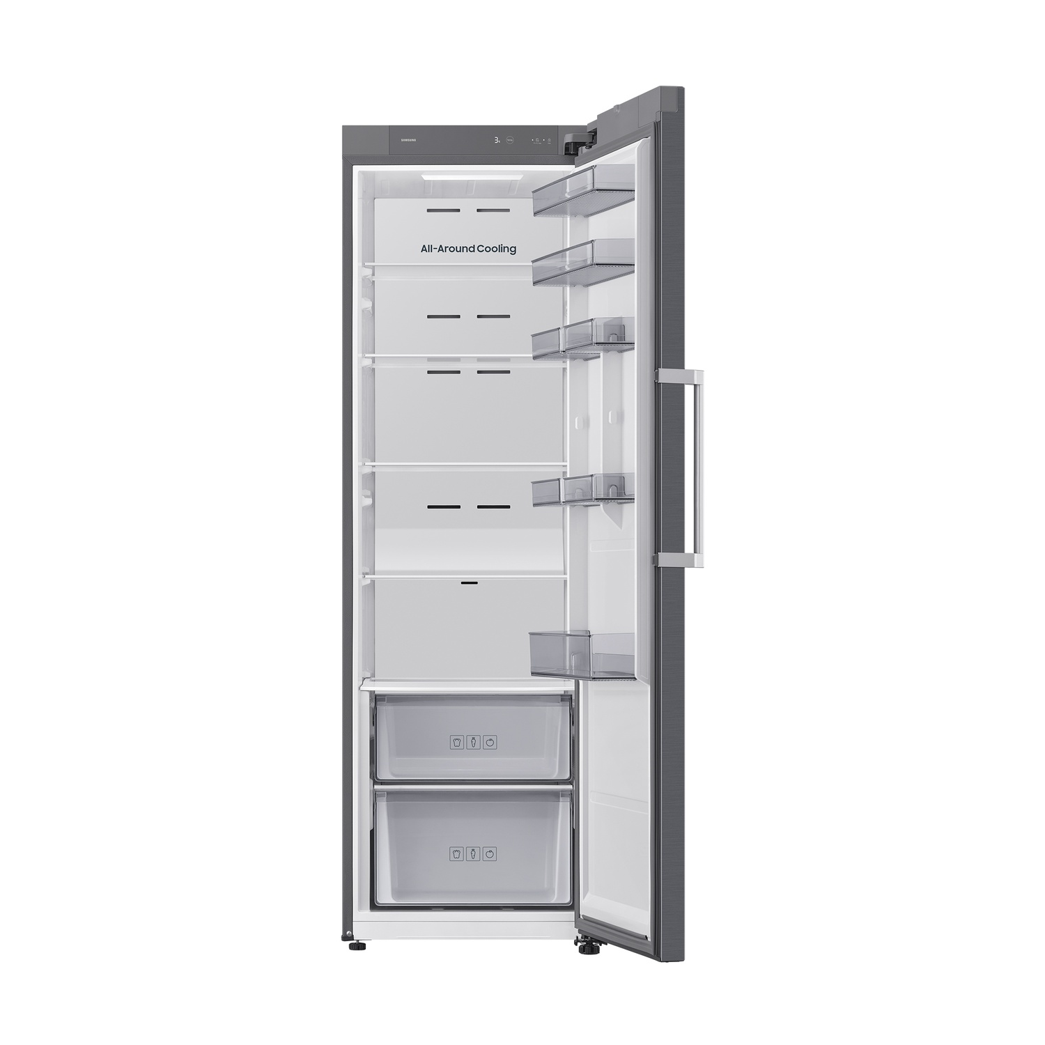 Un refrigerador gris abierto con tres estantes y dos cajones.