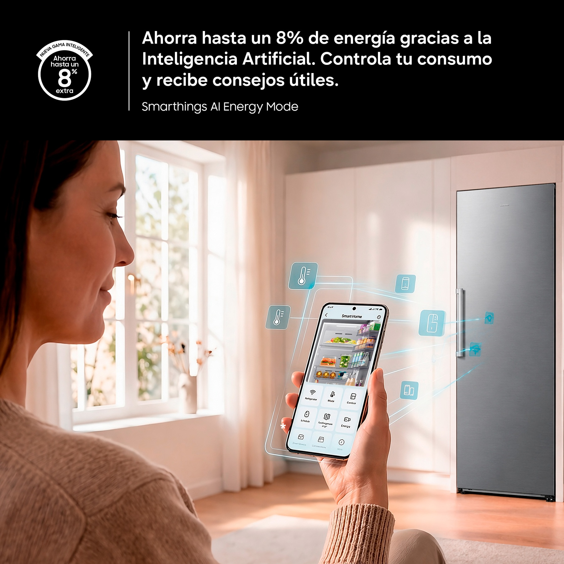 Ahorra hasta un 8% de energía gracias a la Inteligencia Artificial. Controla tu consumo y recibe consejos útiles.Smartthings AI Energy Mode