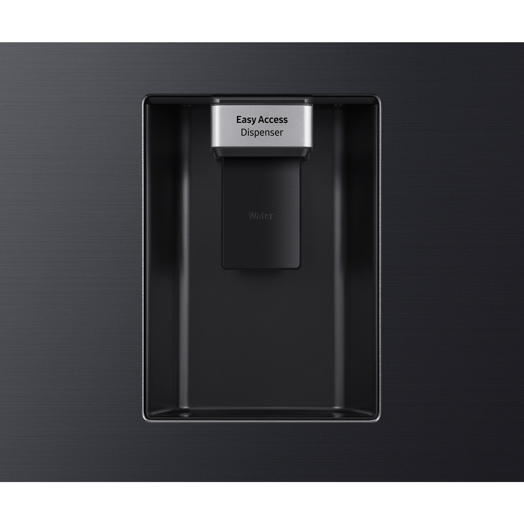 Un refrigerador negro con dispensador de agua y etiqueta "Easy Access Dispenser".