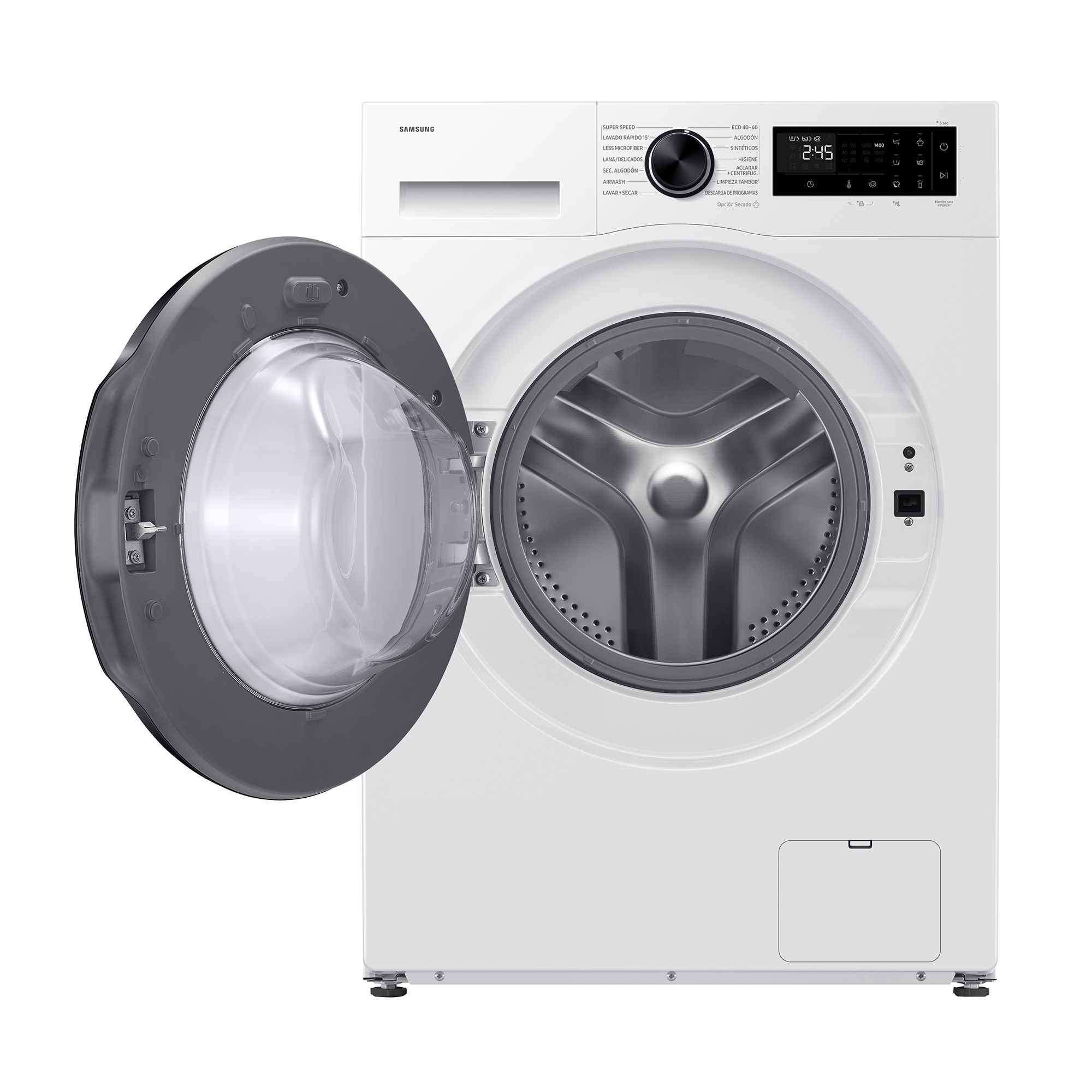Una lavadora Samsung blanca con la puerta abierta y panel de control digital.