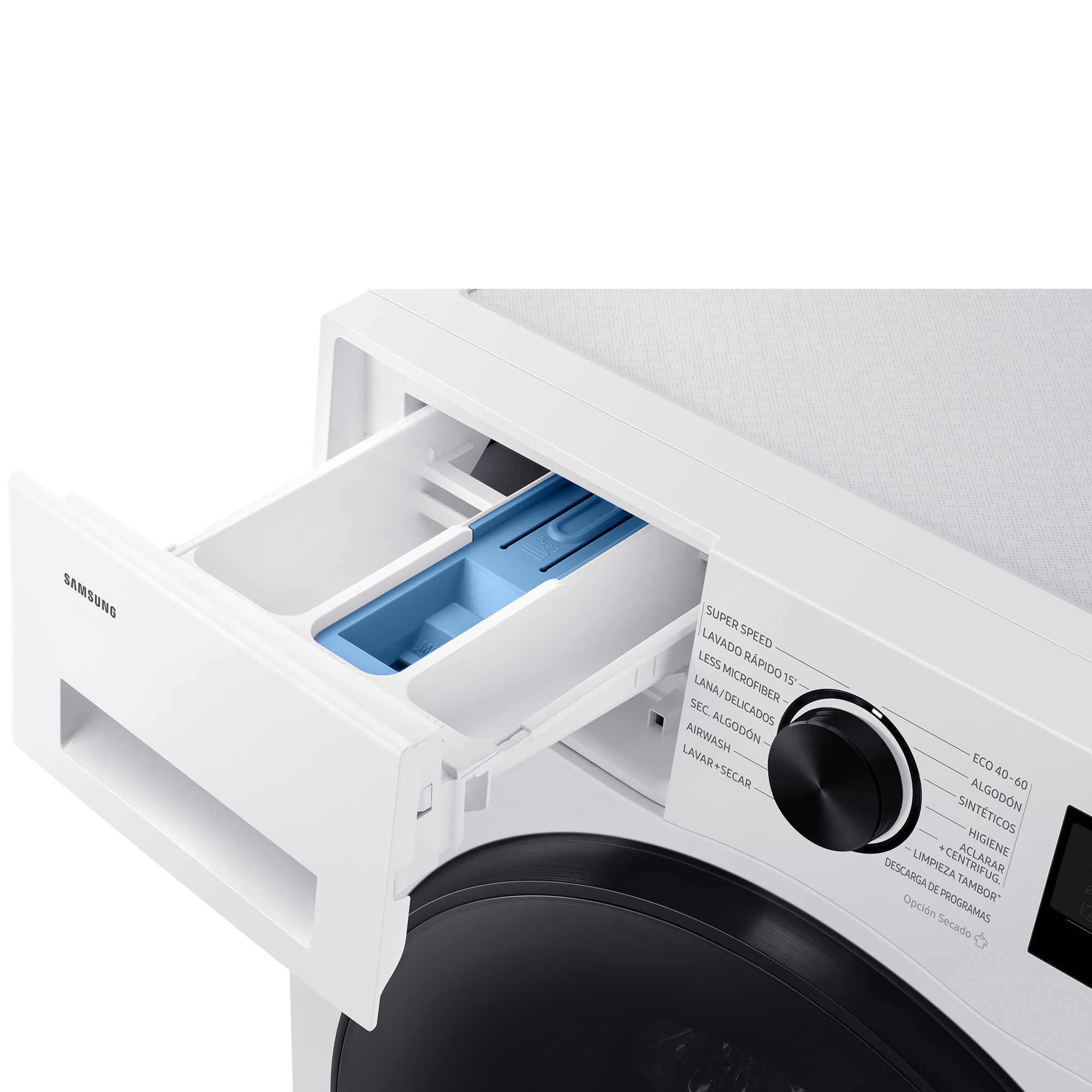 Lavadora blanca con cajón de detergente extraído y panel de control.