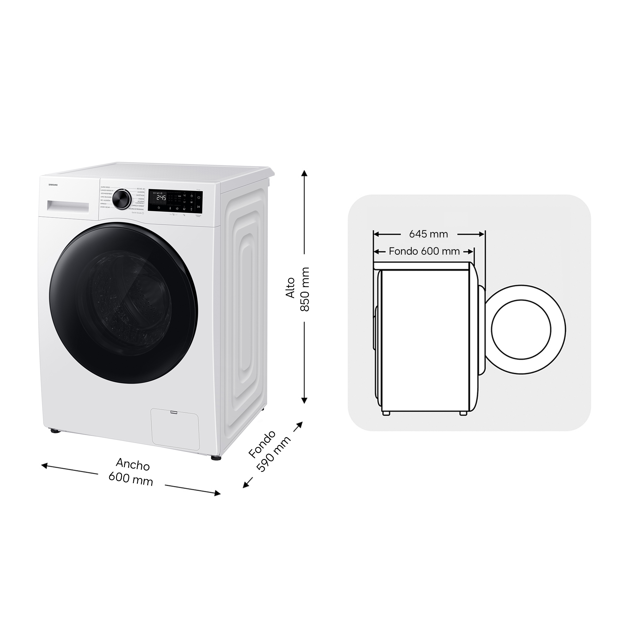 Lavadora blanca con puerta negra y controles digitales. Se muestran las dimensiones.