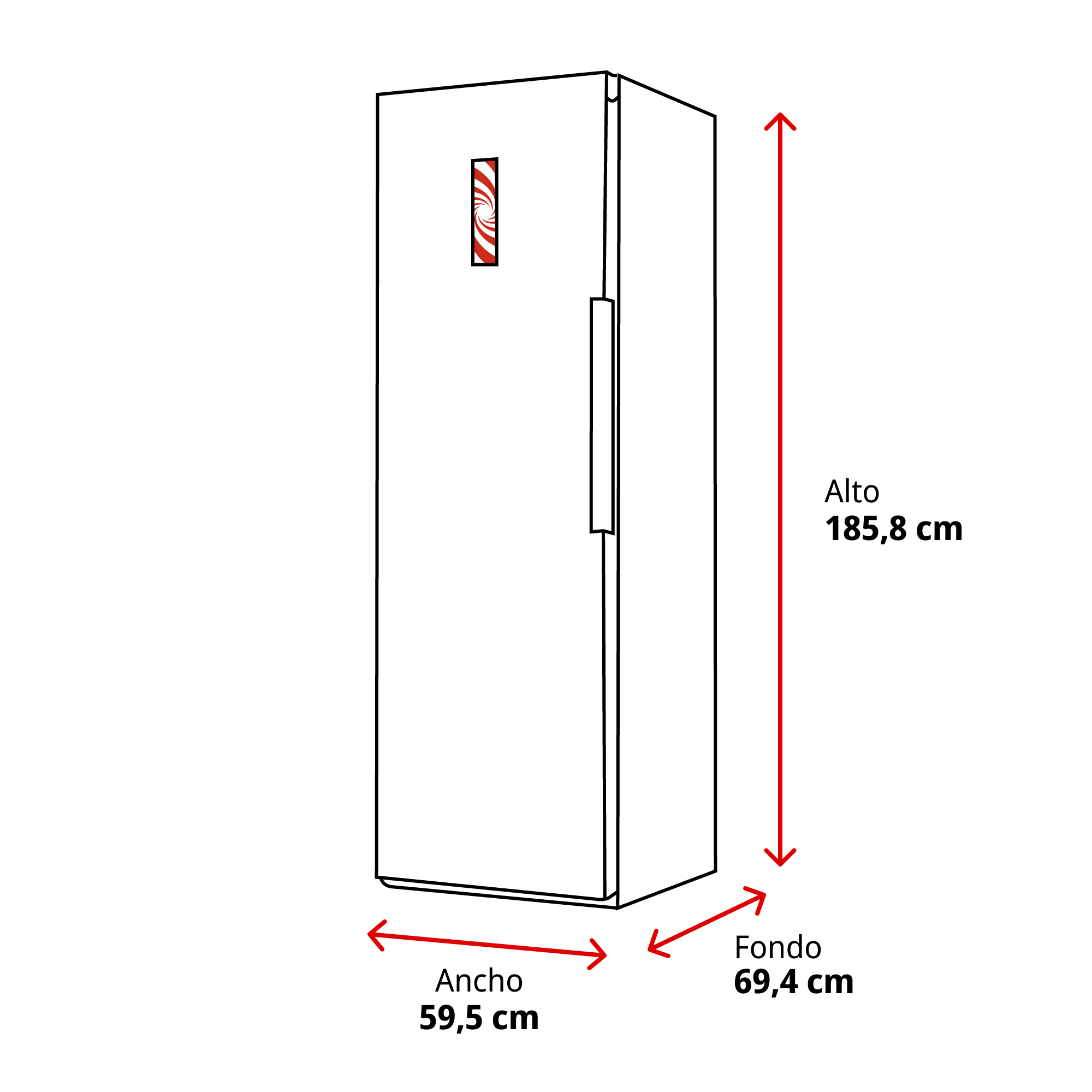 Un refrigerador con dimensiones: Alto 185,8 cm, Ancho 59,5 cm, Fondo 69,4 cm.