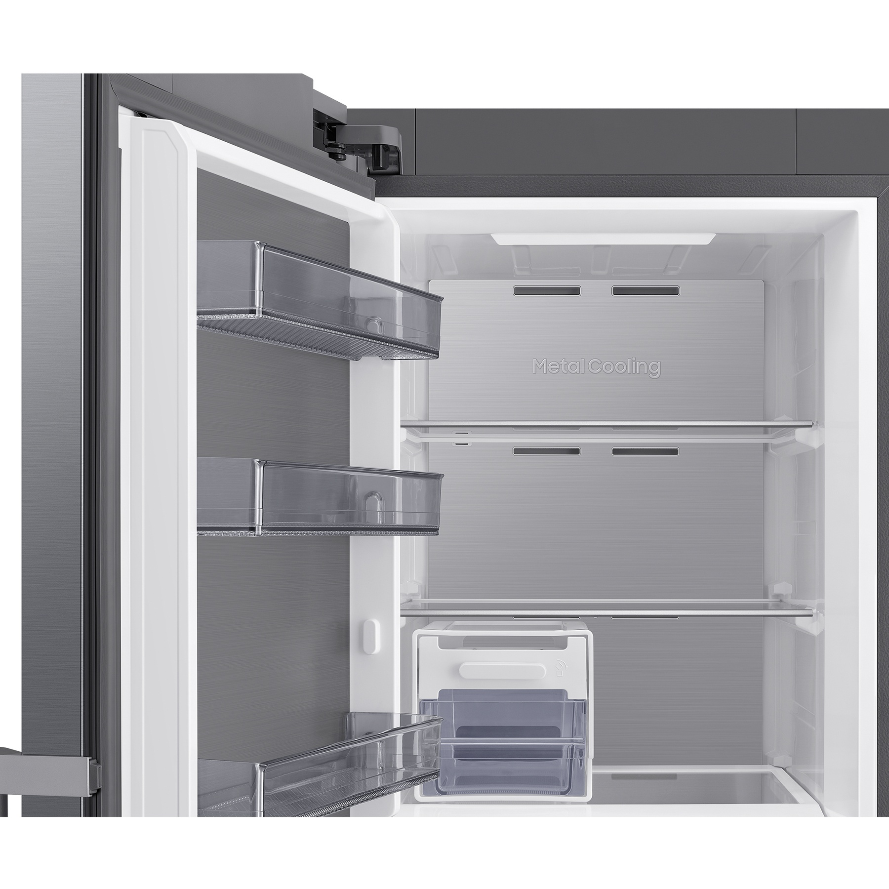 Refrigerador abierto con estantes, cajones y panel trasero "Metal Cooling".