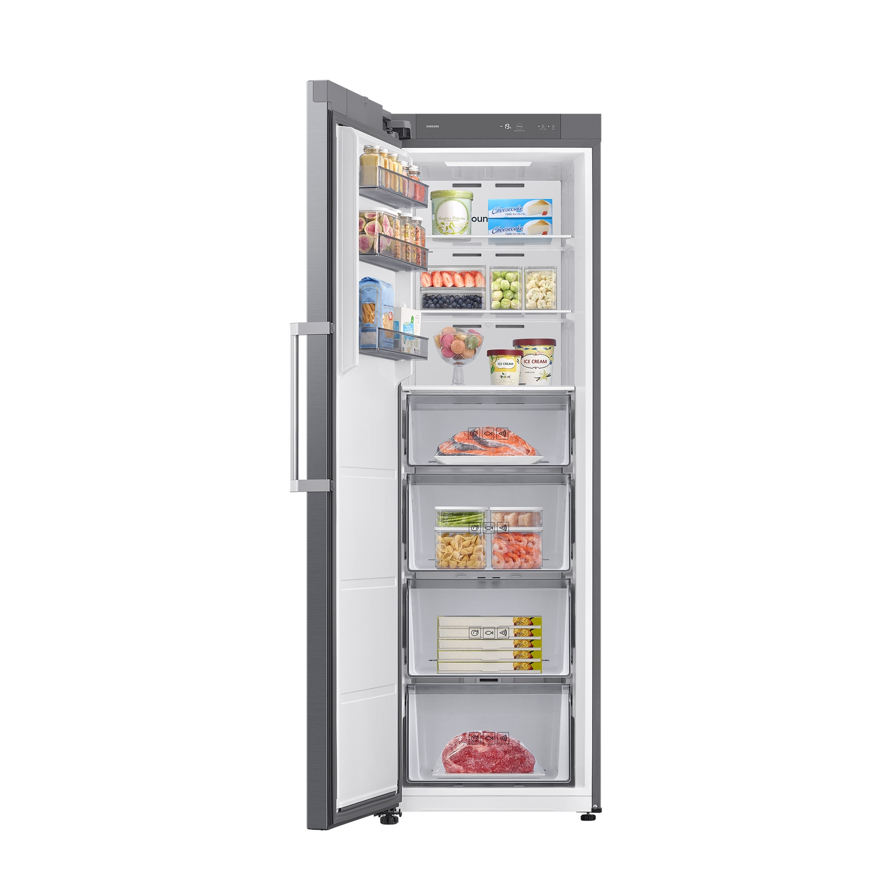 Refrigerador abierto con alimentos: pescado, carne, verduras, frutas, helados y frascos.