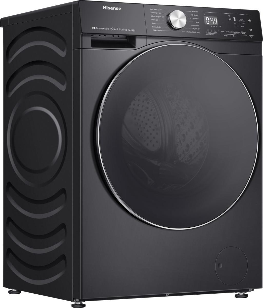 Schwarze Waschmaschine mit großem Bullauge und Bedienfeld oben.