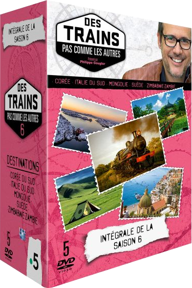 DVD-box "Des Trains Pas Comme Les Autres", Seizoen 6, met bestemmingen zoals Korea, Italië, Mongolië.