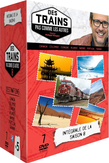 DVD box "Des Trains Pas Comme Les Autres" Seizoen 8 met wereldwijde bestemmingen.