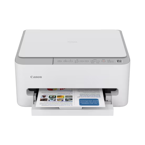 Ein weißer Canon Pixma Drucker mit einem Blatt Papier, das aus der Papierablage herausragt.