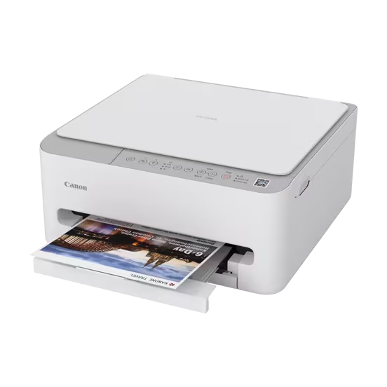 Ein weißer Canon Drucker mit einem bedruckten Blatt Papier, das teilweise herausragt.