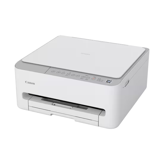 Ein weißer Canon Pixma Drucker mit grauen Akzenten steht vor schwarzem Hintergrund.
