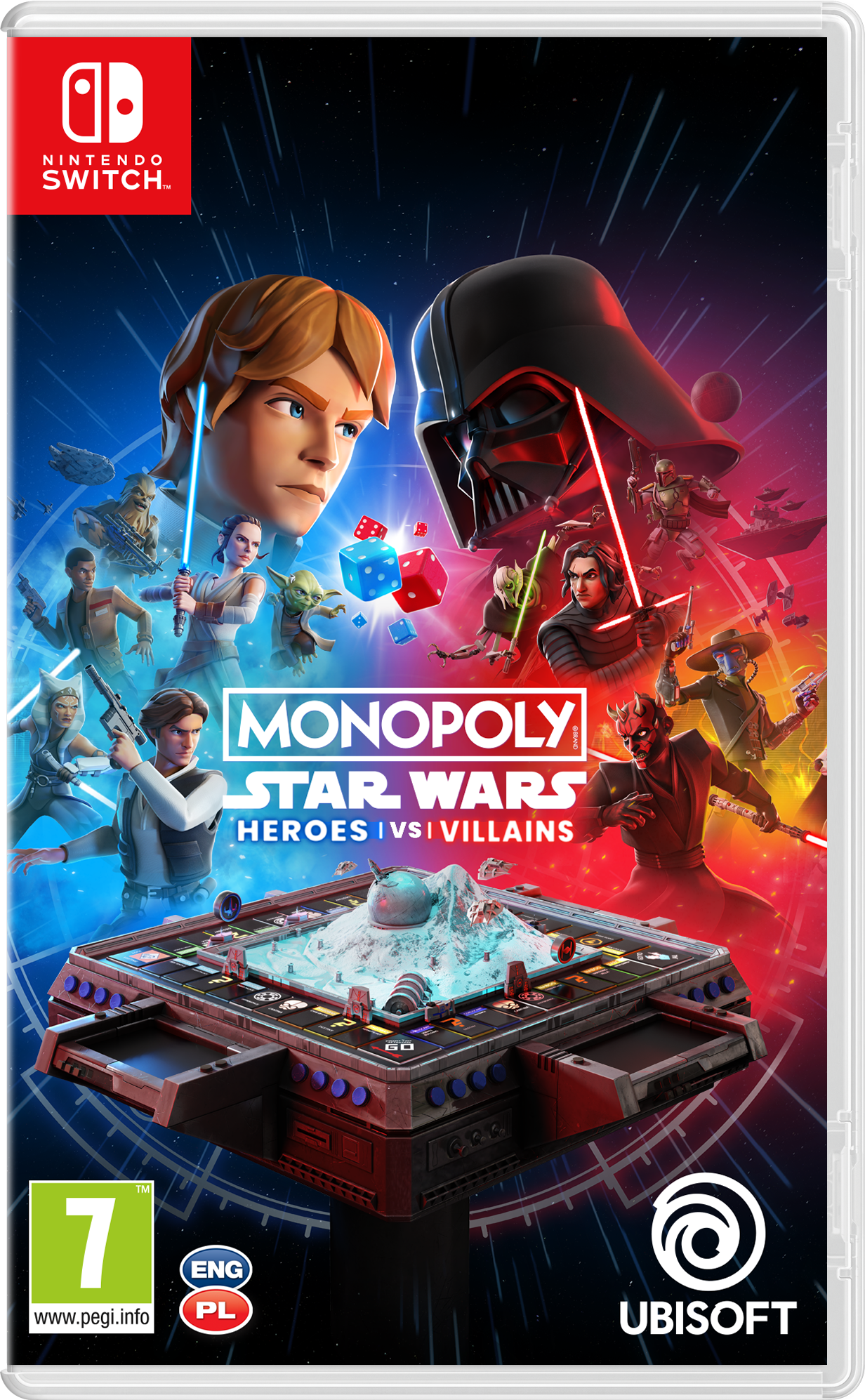 Okładka Monopoly Star Wars: Luke Skywalker i Darth Vader, postacie i kości.