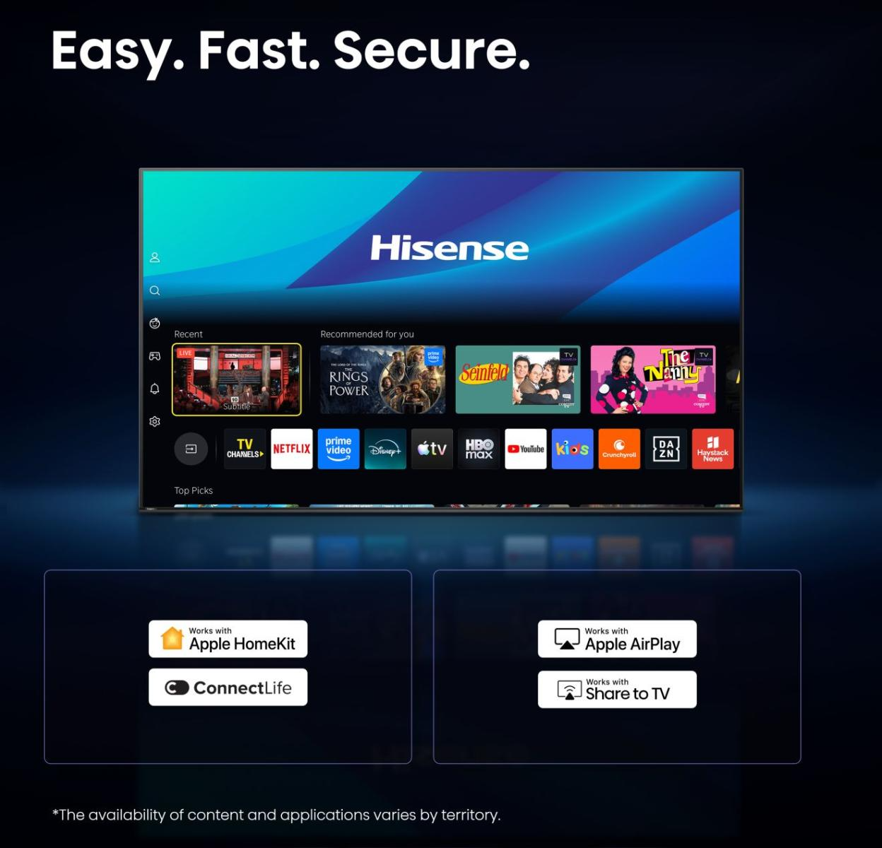 Hisense Smart TV kezdőképernyő appokkal, Apple HomeKit és AirPlay kompatibilitással.