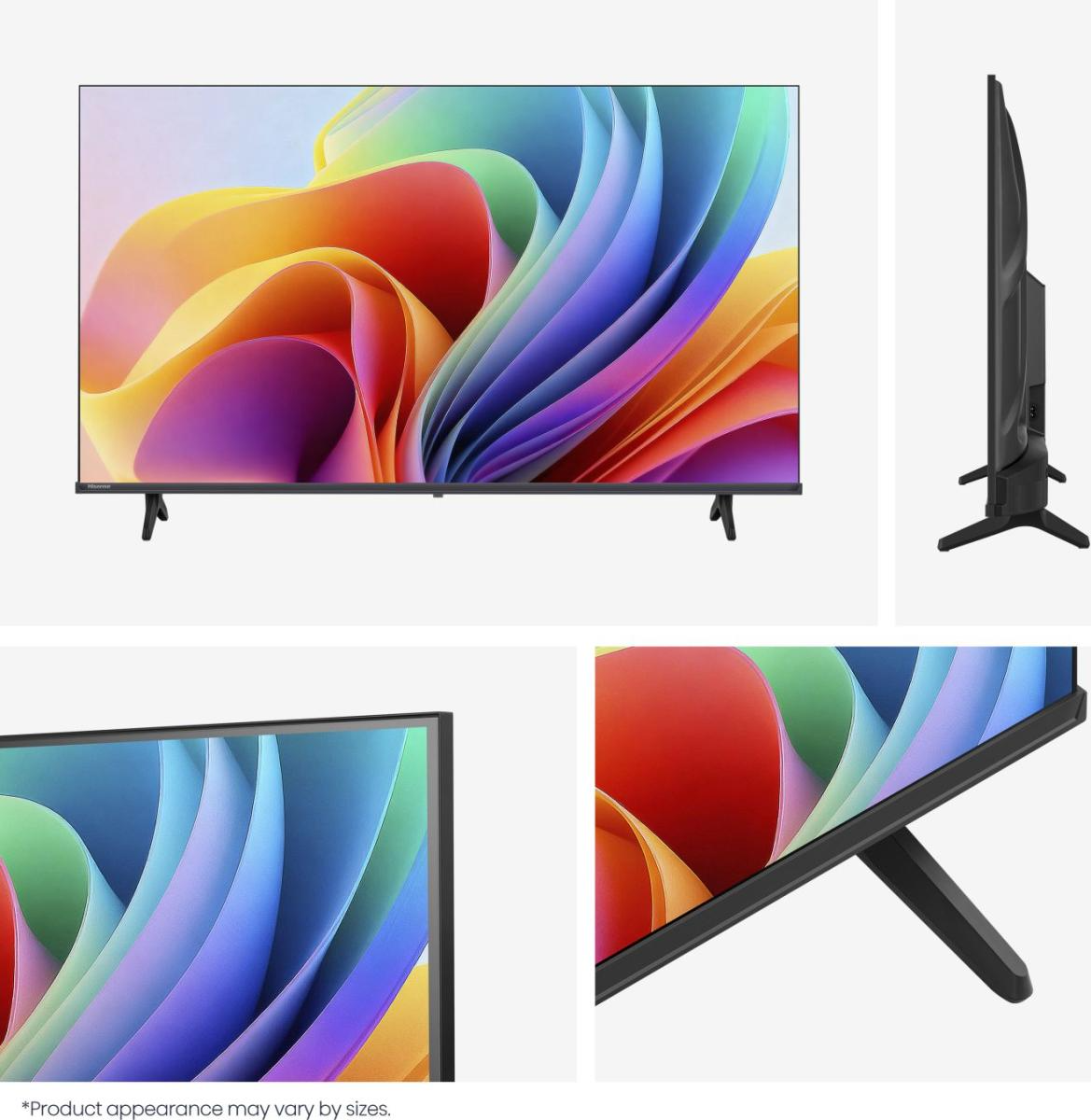 Egy elegáns fekete TV állványon élénk, absztrakt, színes képernyőt jelenít meg.