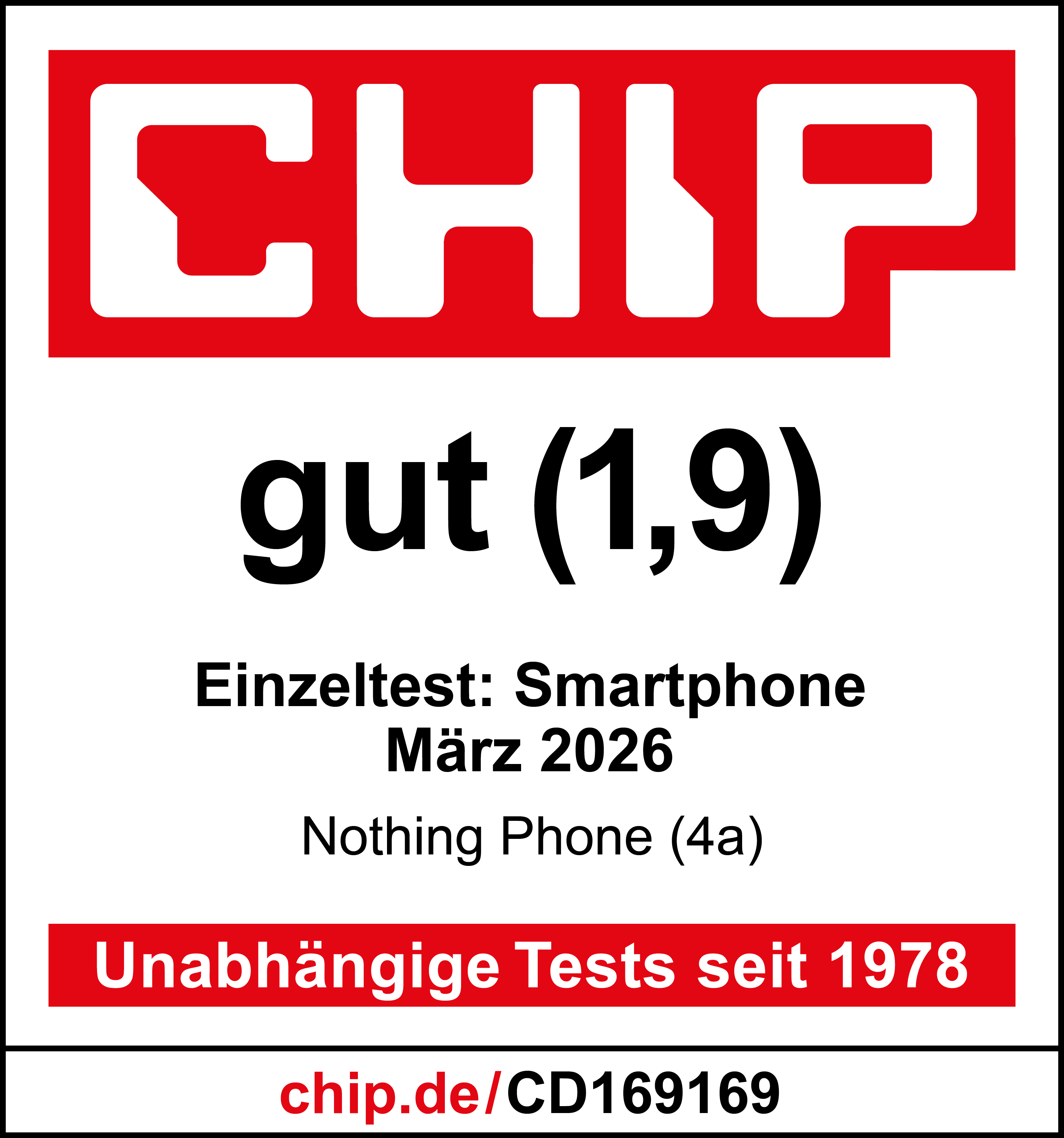 Logo CHIP, Bewertung 'gut (1,9)', Smartphone-Test.