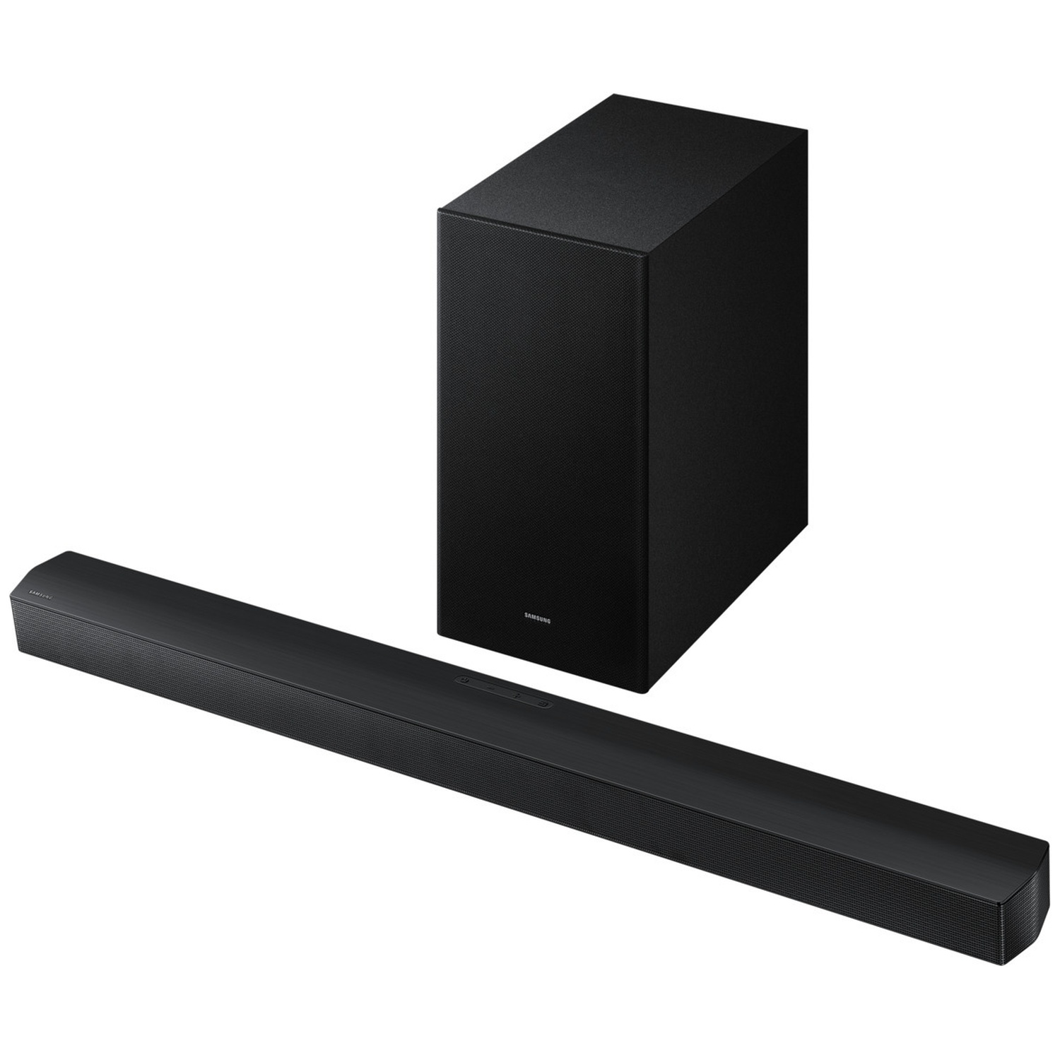 Barre de son et caisson de basses noirs sur fond blanc.