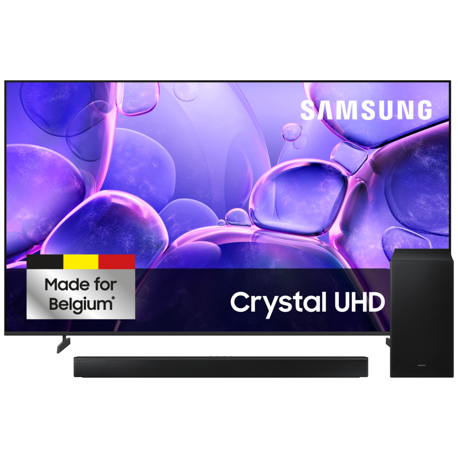 TV Samsung Crystal UHD avec barre de son et caisson de basse, logo Made for Belgium.