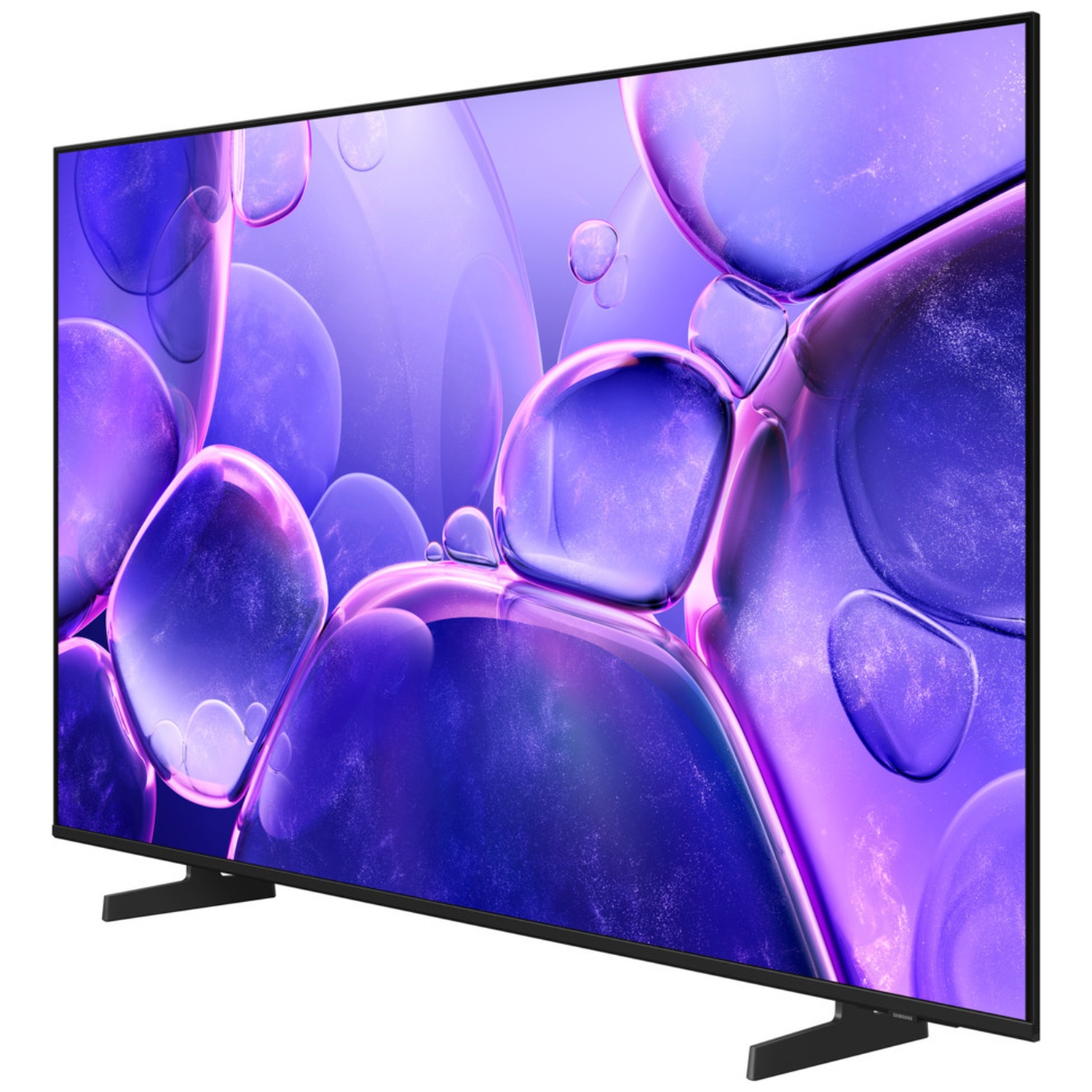 Une télévision moderne affichant un fond abstrait violet, posée sur un pied.
