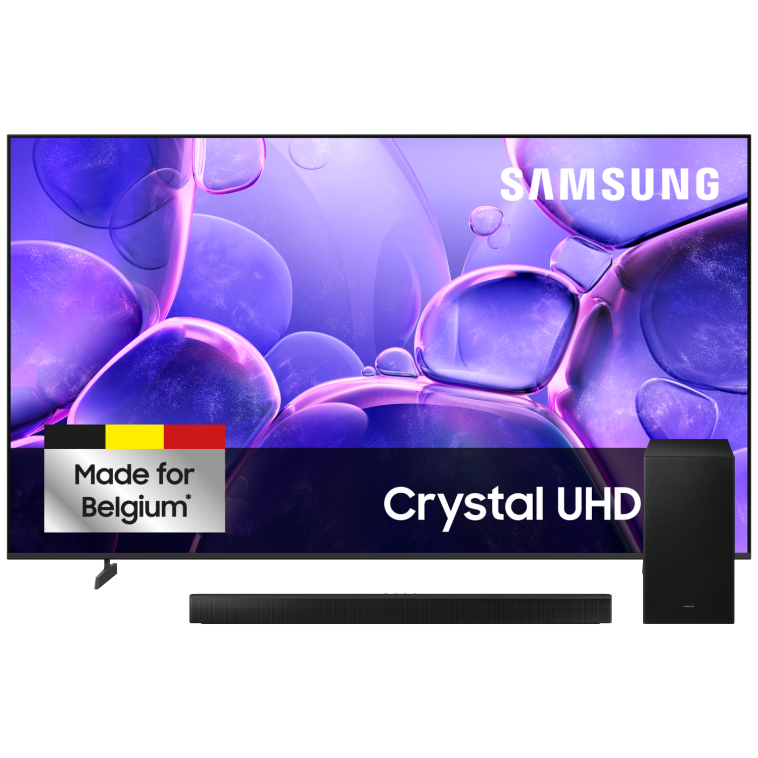 TV Samsung Crystal UHD avec barre de son et caisson de basses, logo Made for Belgium.