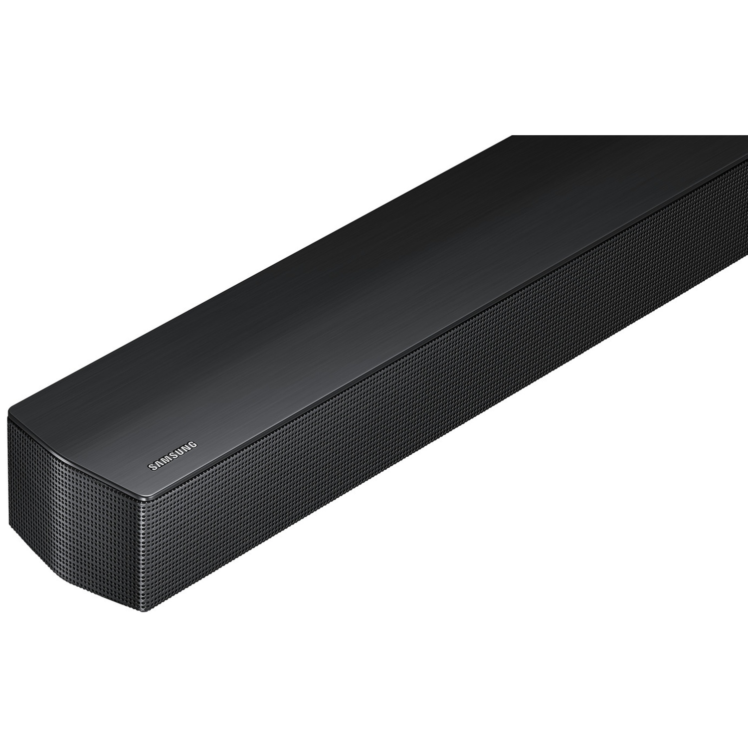 Barre de son Samsung noire avec dessus texturé et grille de haut-parleur.