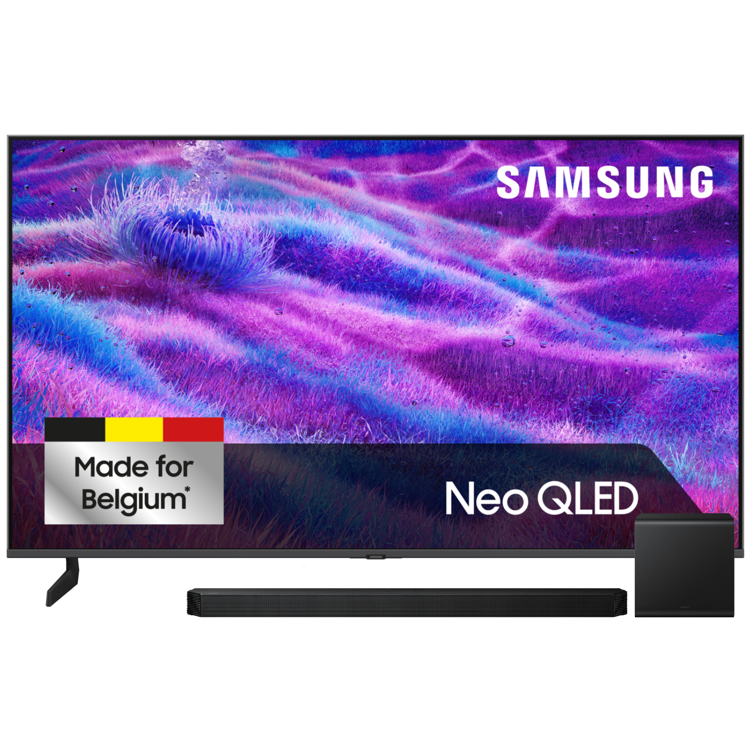TV Samsung Neo QLED avec barre de son et caisson de basses. Made for Belgium.