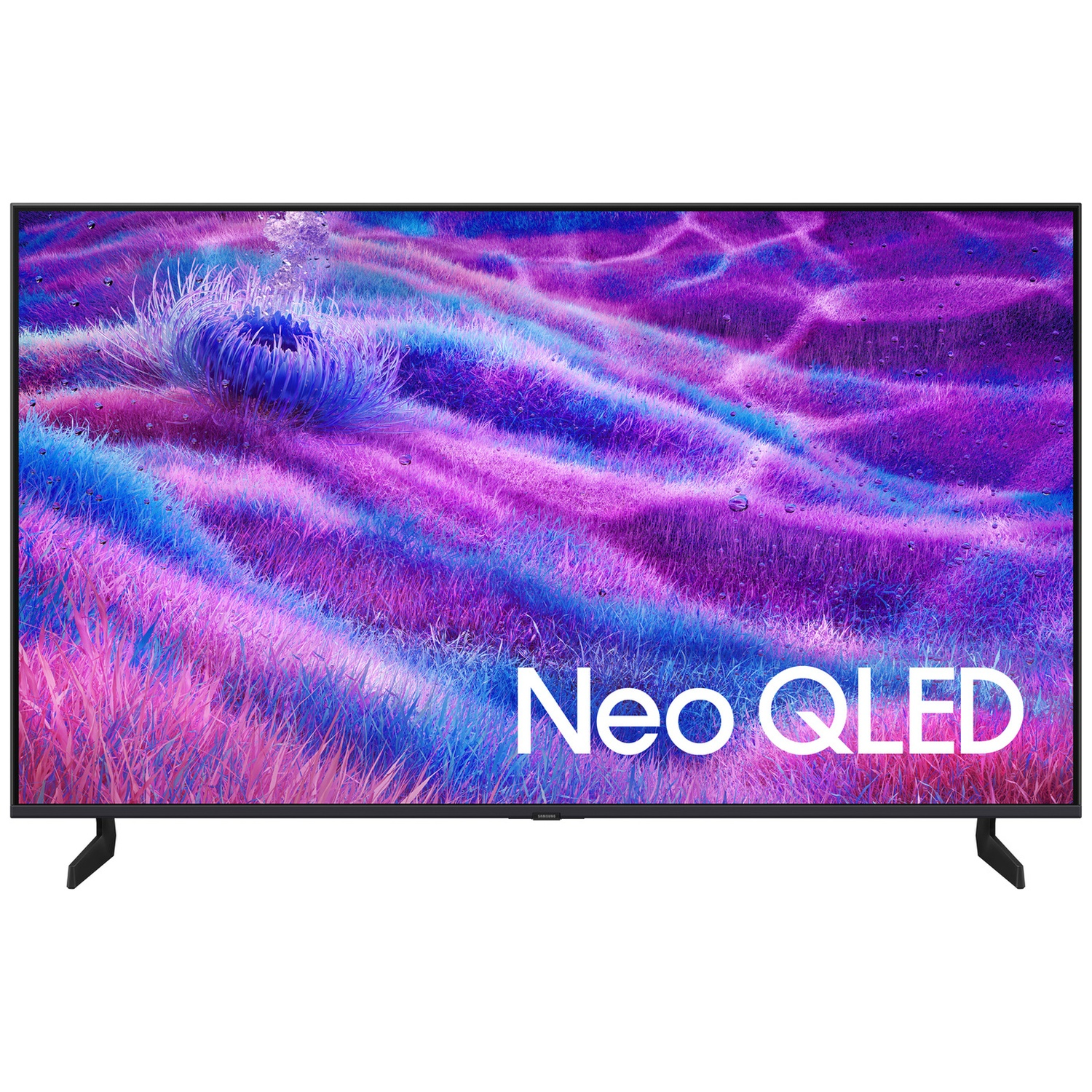 Un téléviseur Samsung Neo QLED affichant une image abstraite aux tons bleus et violets.