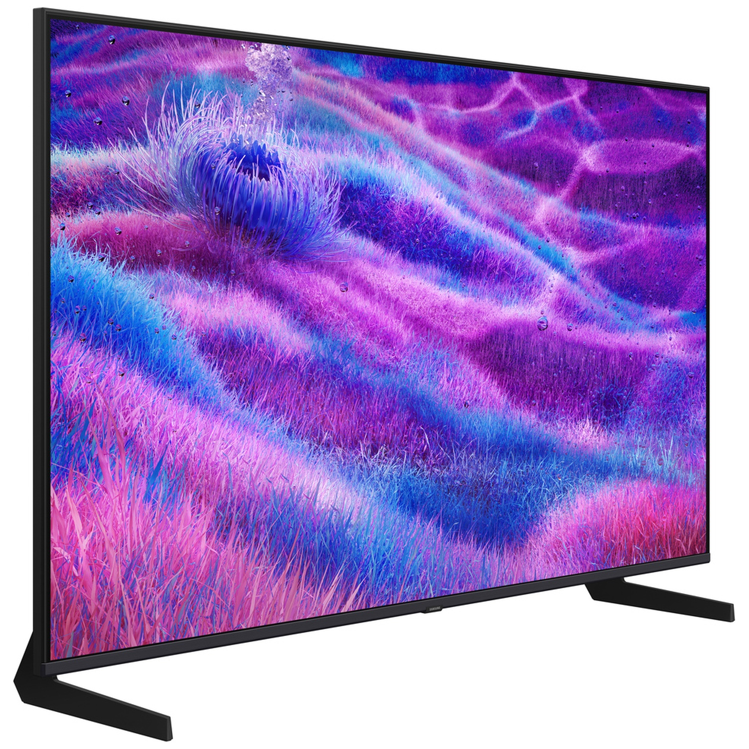 Une télévision moderne affiche une image abstraite et vibrante d'herbe colorée avec des gouttelettes.