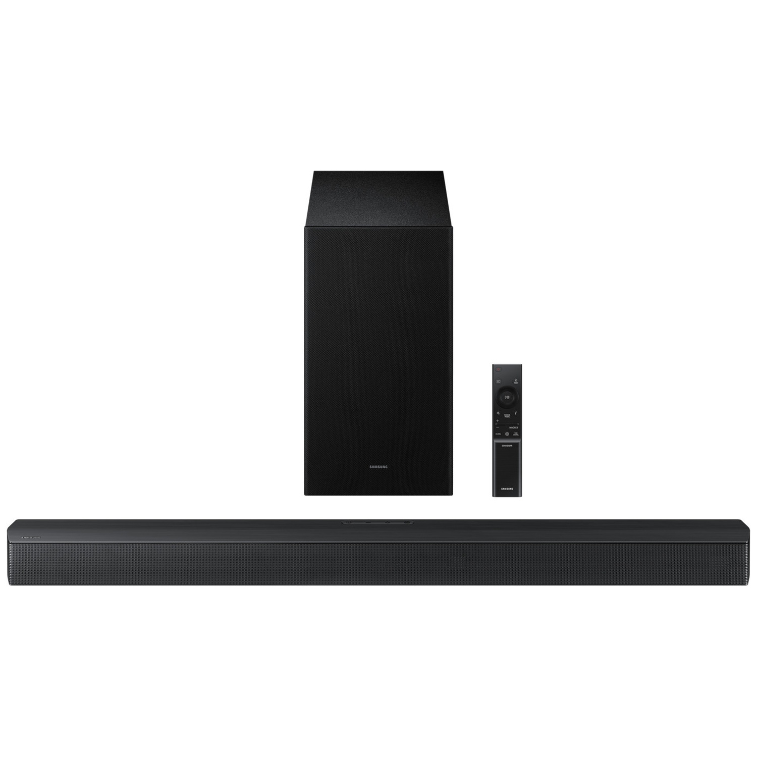 Une barre de son Samsung noire, un caisson de basses et une télécommande sont affichés en blanc.