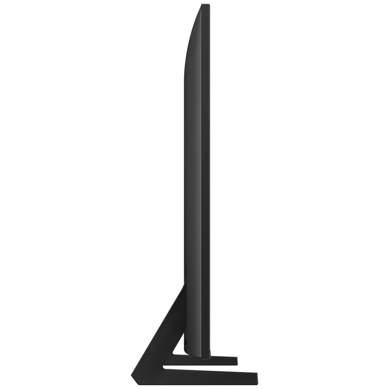 Téléviseur noir vu de côté, avec un pied étroit.