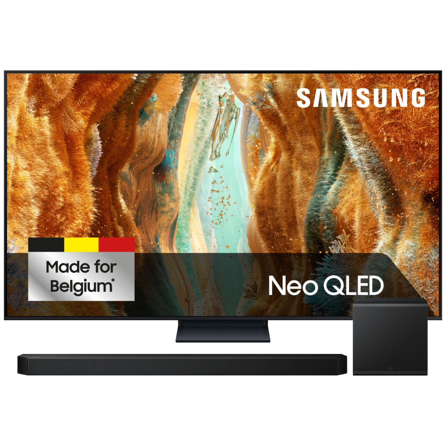 TV Samsung Neo QLED avec barre de son et caisson de basses. Made for Belgium.