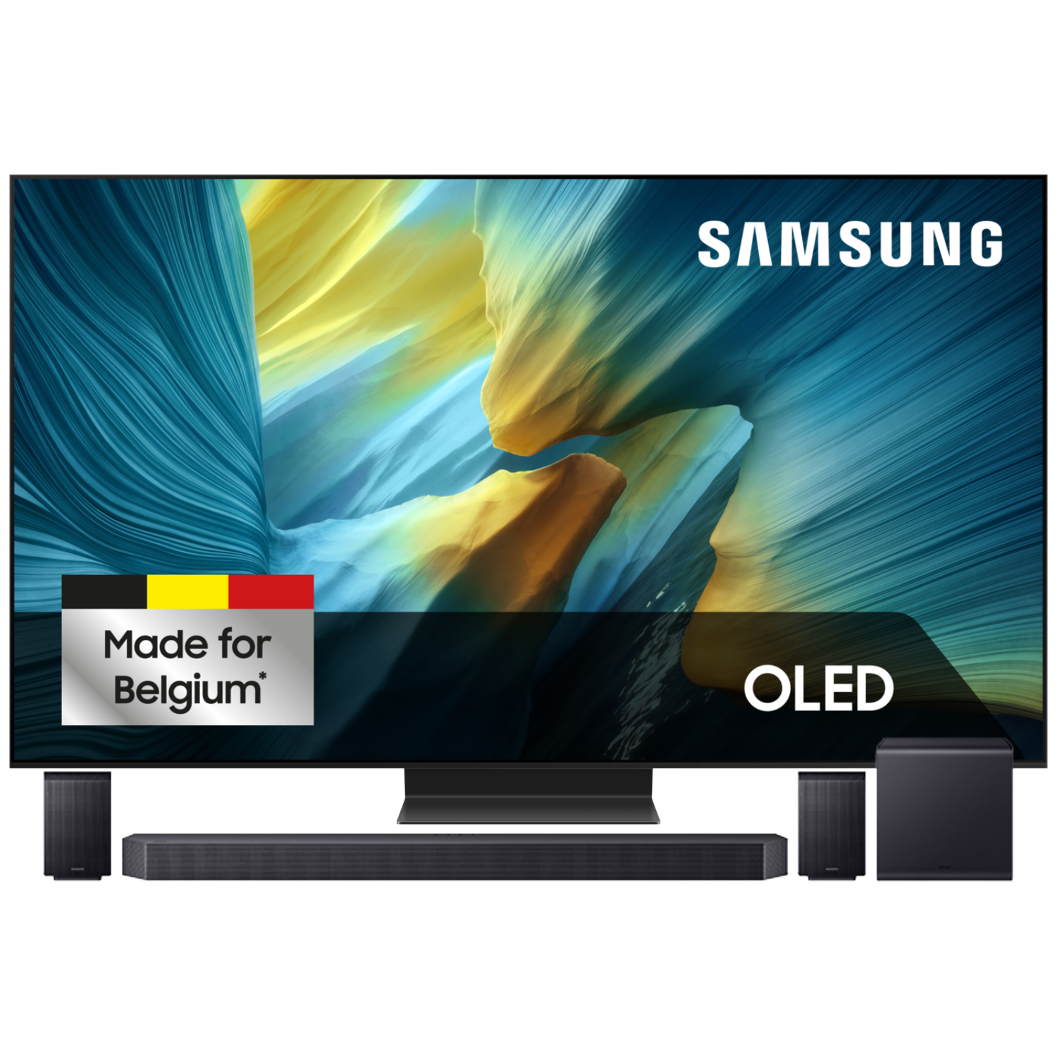 Samsung OLED TV met soundbar en subwoofers, Made for Belgium logo.
