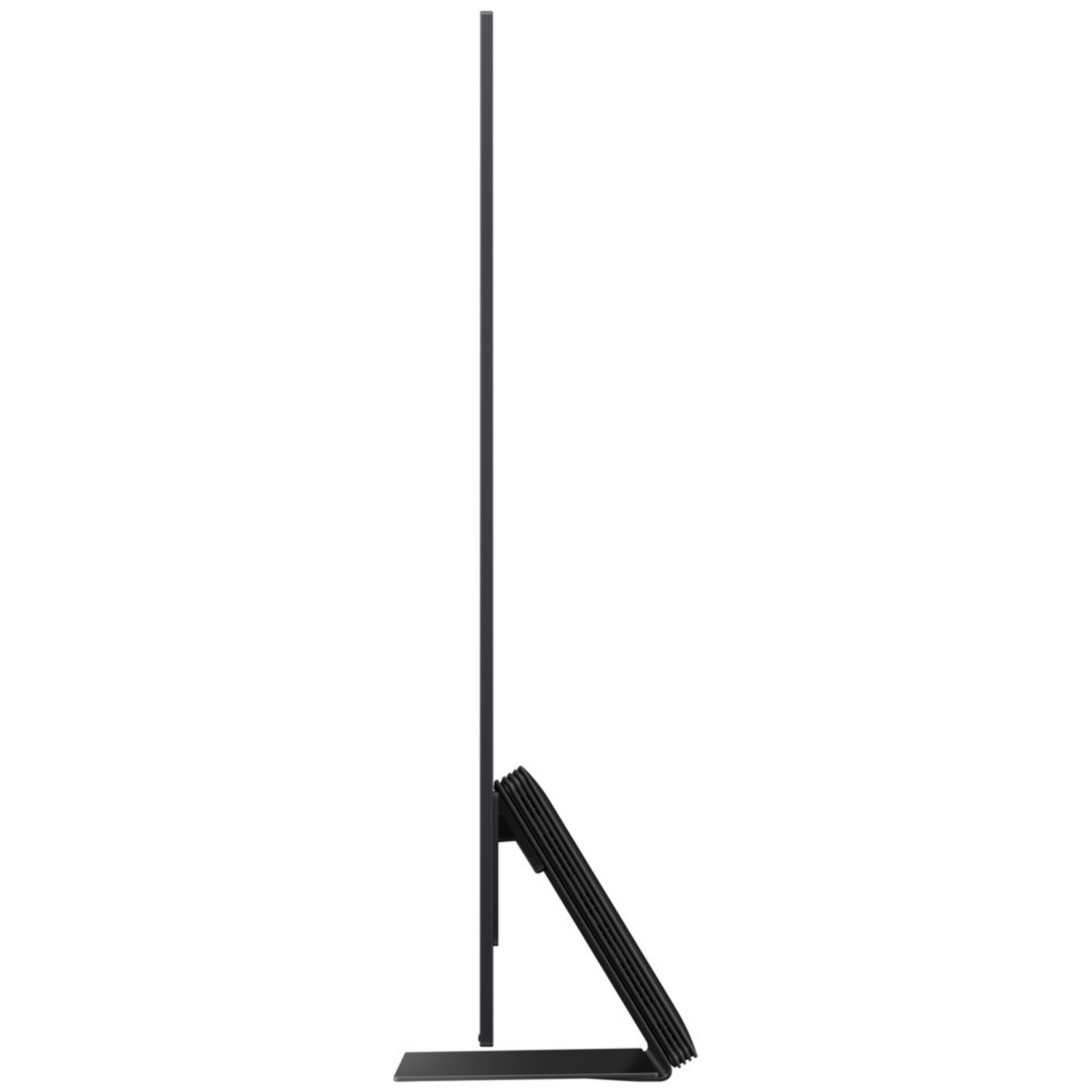 Zijaanzicht van een slanke zwarte televisie met een moderne standaard.