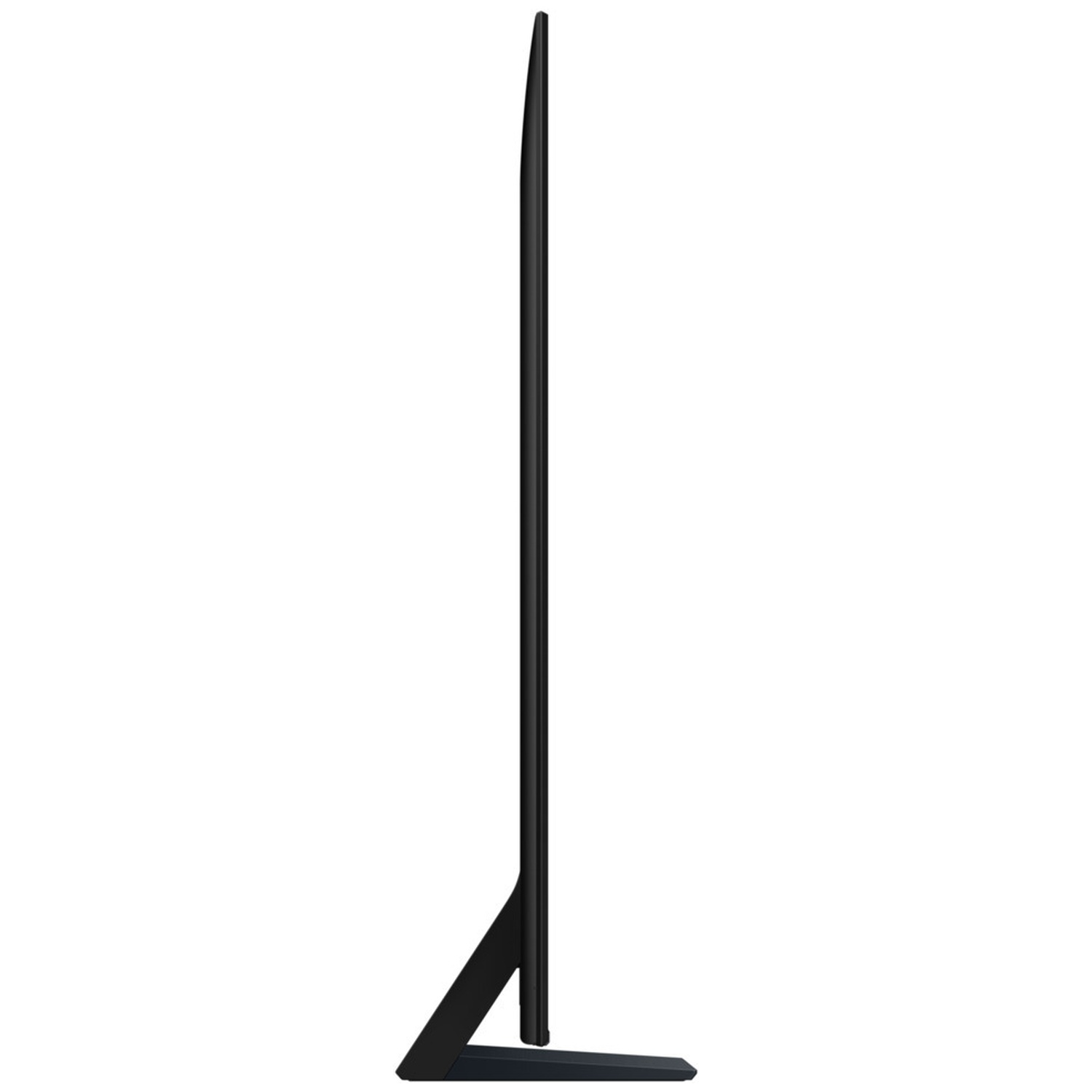 Vue latérale d'un téléviseur noir fin sur un support noir sur fond blanc.