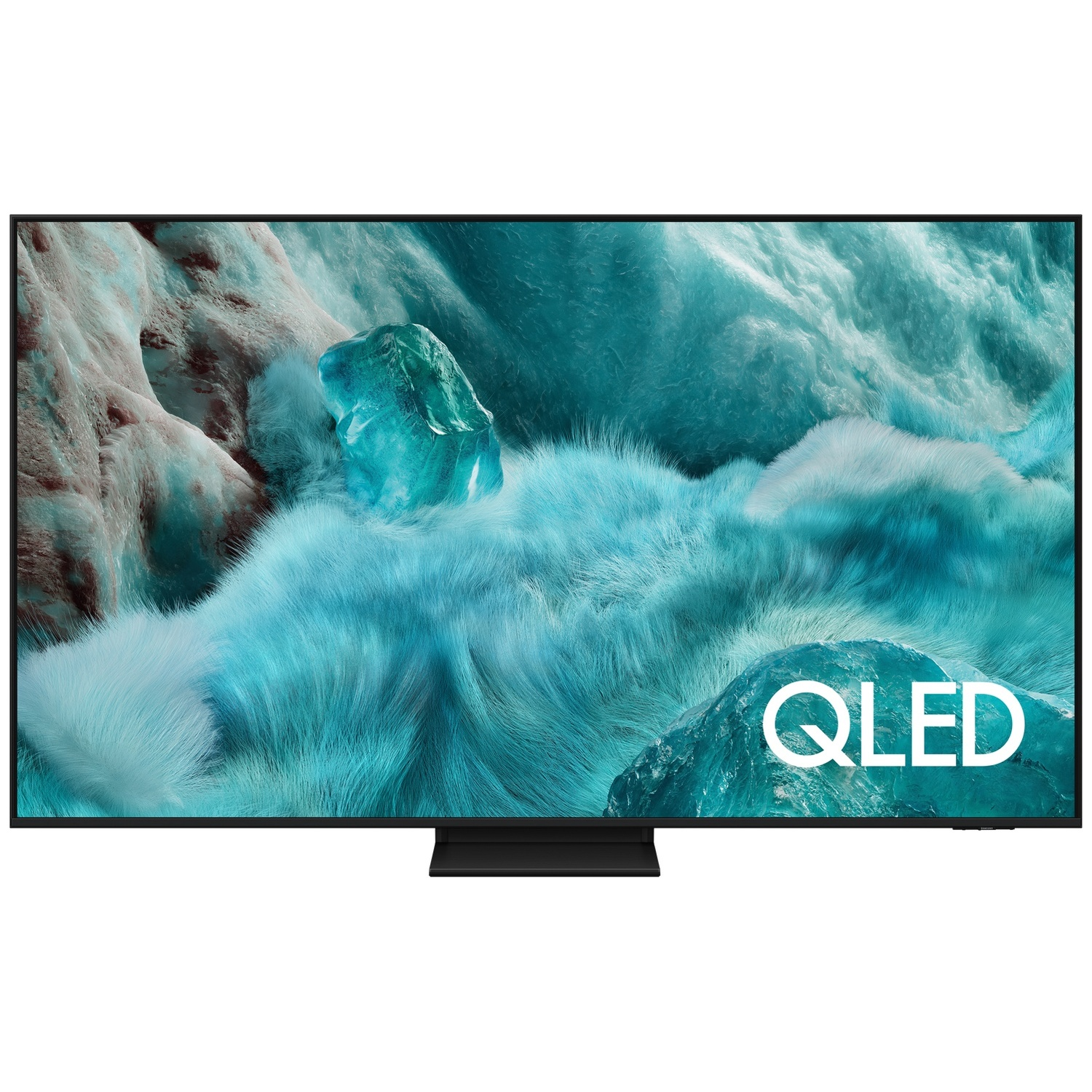 Un grand téléviseur QLED affichant un fond abstrait bleu glacé avec le logo QLED.