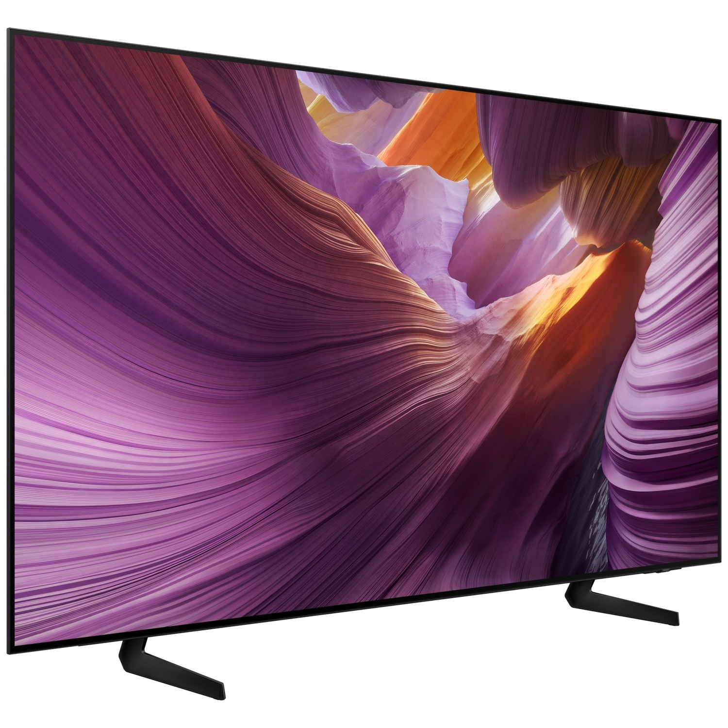 Un téléviseur moderne affichant un motif abstrait et ondulé violet et orange à l'écran.