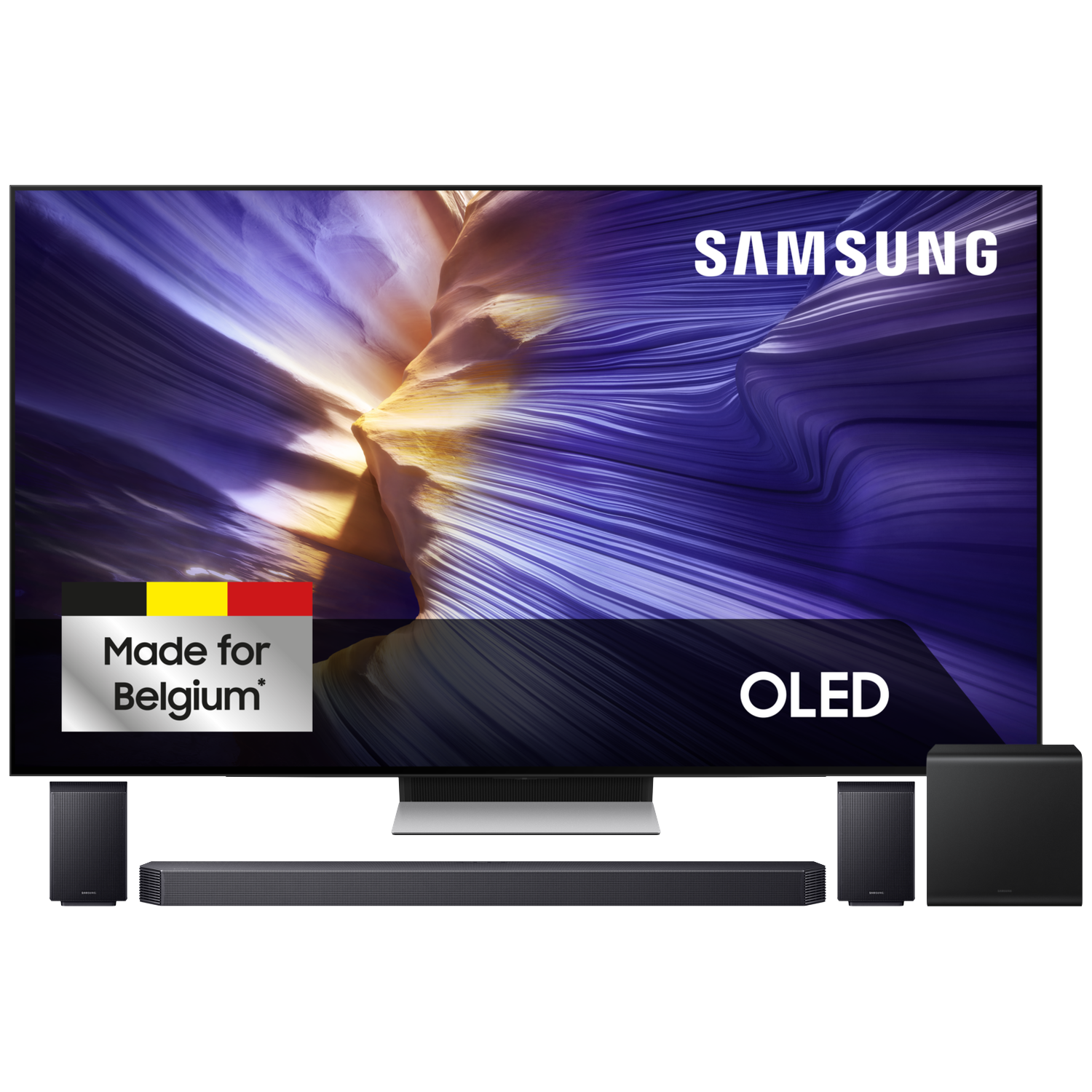 TV Samsung OLED avec barre de son et subwoofers, logo Made for Belgium.